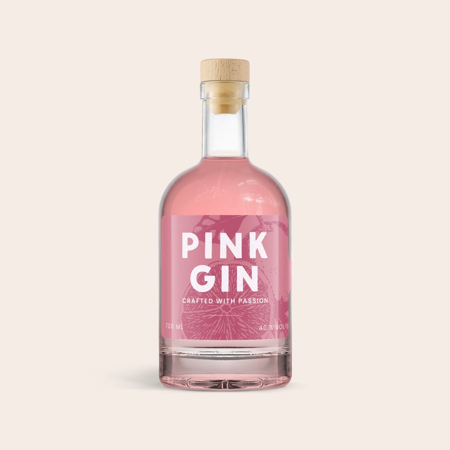 Personalisierter Pink Gin Personalisierte Pink Gin Flasche 700 ml mit Etikett "PINK GIN" und Abbildung einer Zitrusfrucht