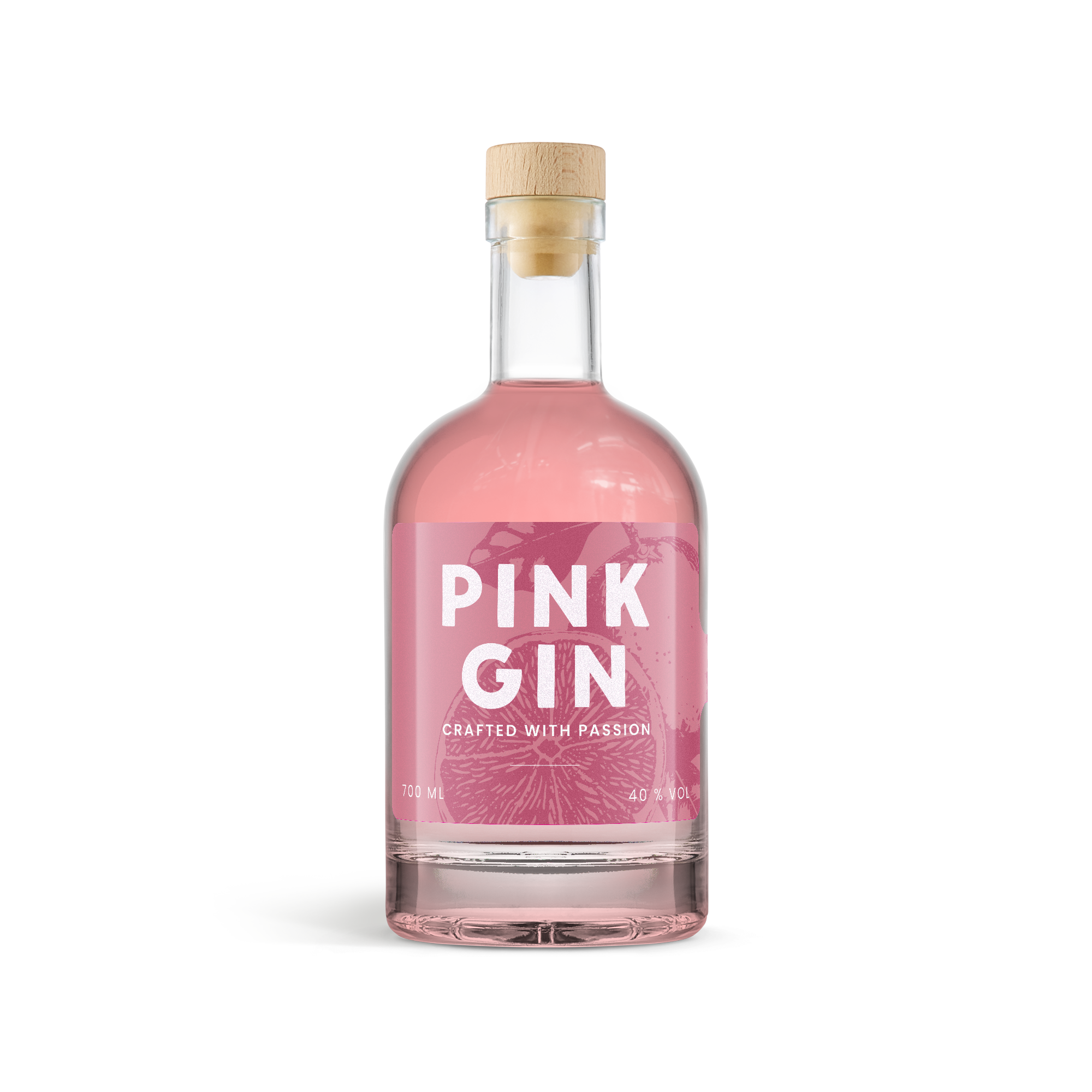 Láhev růžového ginu 700 ml s etiketou "Pink Gin Crafted With Passion" pro lahodnou chuť