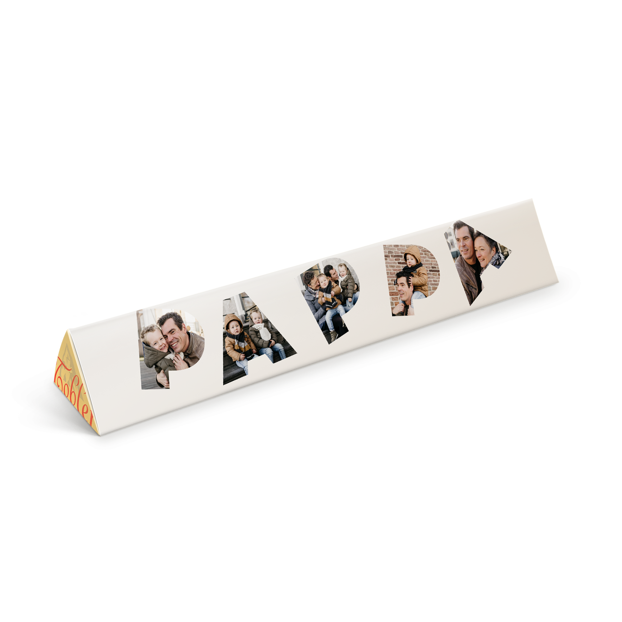 Personaliserad Toblerone med tryckt omslag format som PAPPAD med familjefoton. En personaliserad Toblerone är betydligt godare.