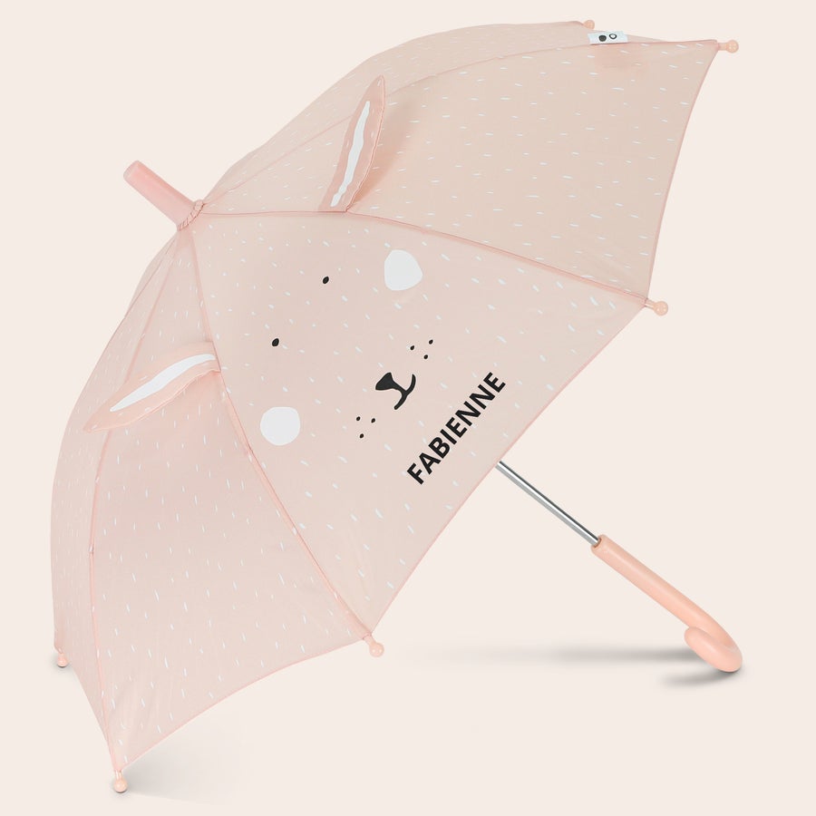 Kinderregenschirm Bedrucken Rosa Kinderregenschirm mit Hasenohren und Gesicht, bedruckt mit dem Namen FABIENNE, um Regenschauer zur Party zu machen.