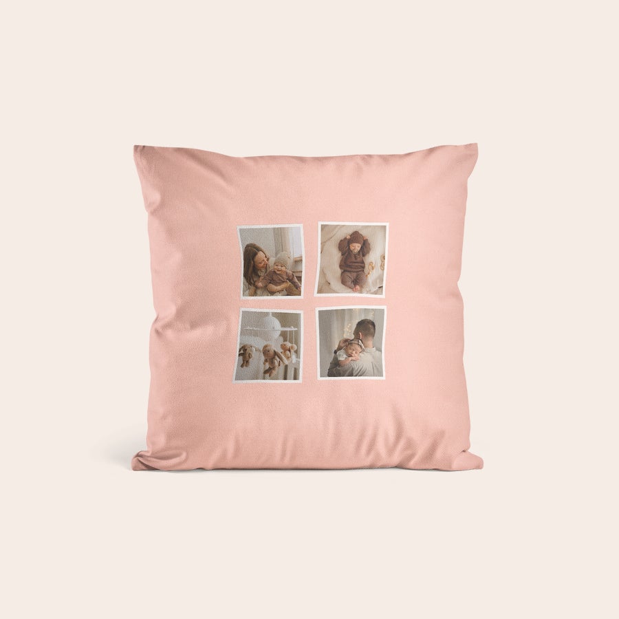Perne și cutii de perne personalizate Husă de pernă roz personalizată cu patru fotografii imprimate, un cadou original.