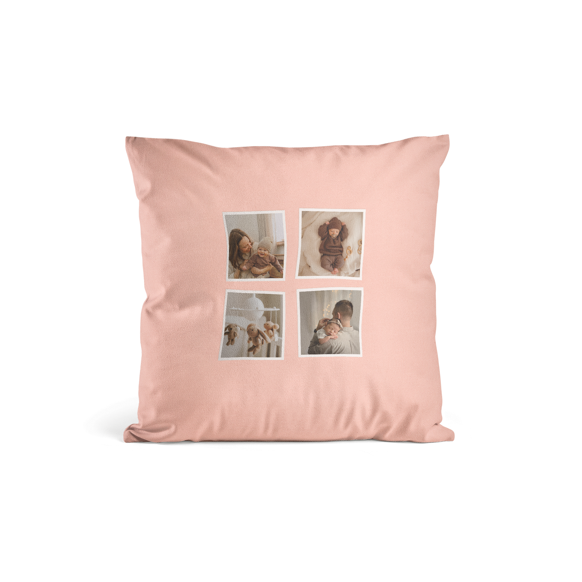 Rosa Kissen mit vier persönlichen Fotos bedruckt. Überrasche deine Liebsten mit einem super weichen Kissen mit Foto!
