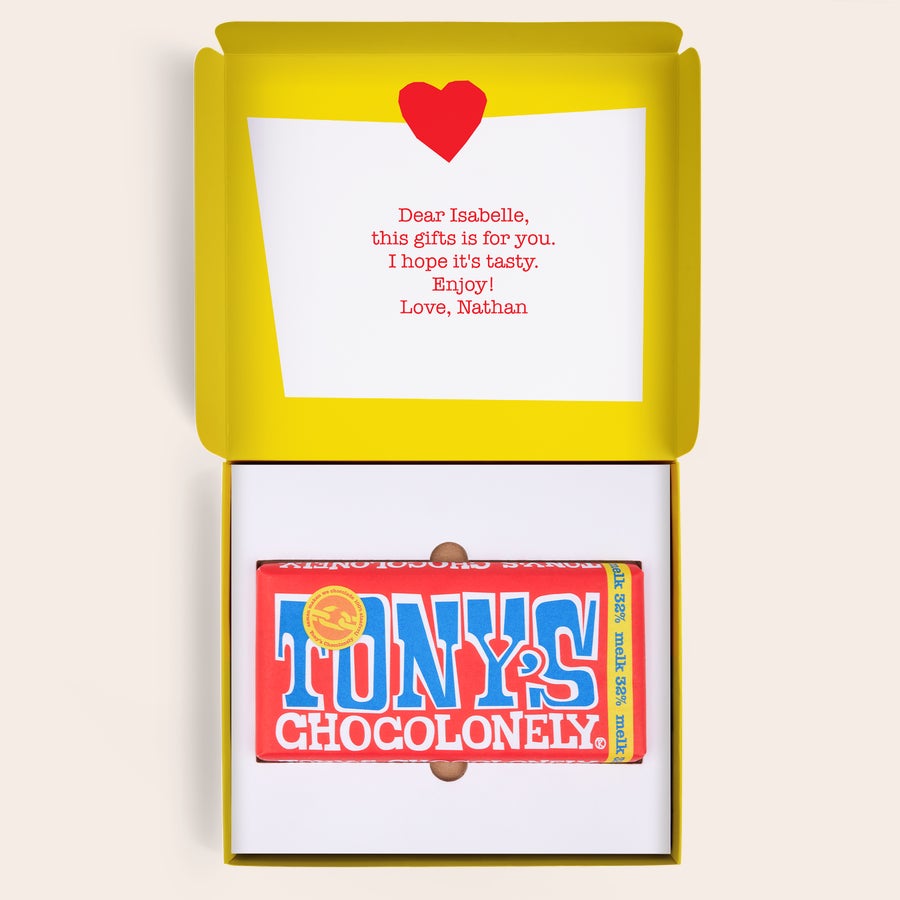 Caixa Presente Tony's Chocolonely Caixa de presente com chocolate Tony's Chocolonely Milk, personalizada com mensagem para surpreender.