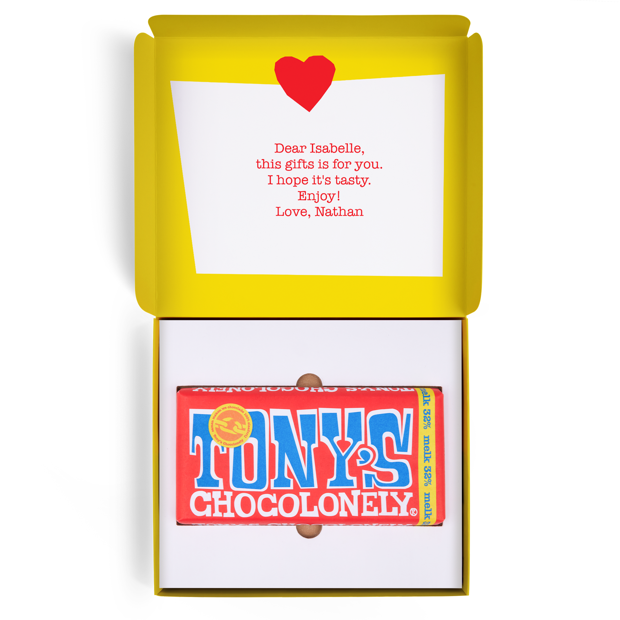 Otevřená krabička s personalizovaným vzkazem pro Isabelle a mléčnou čokoládou Tony's Chocolonely.