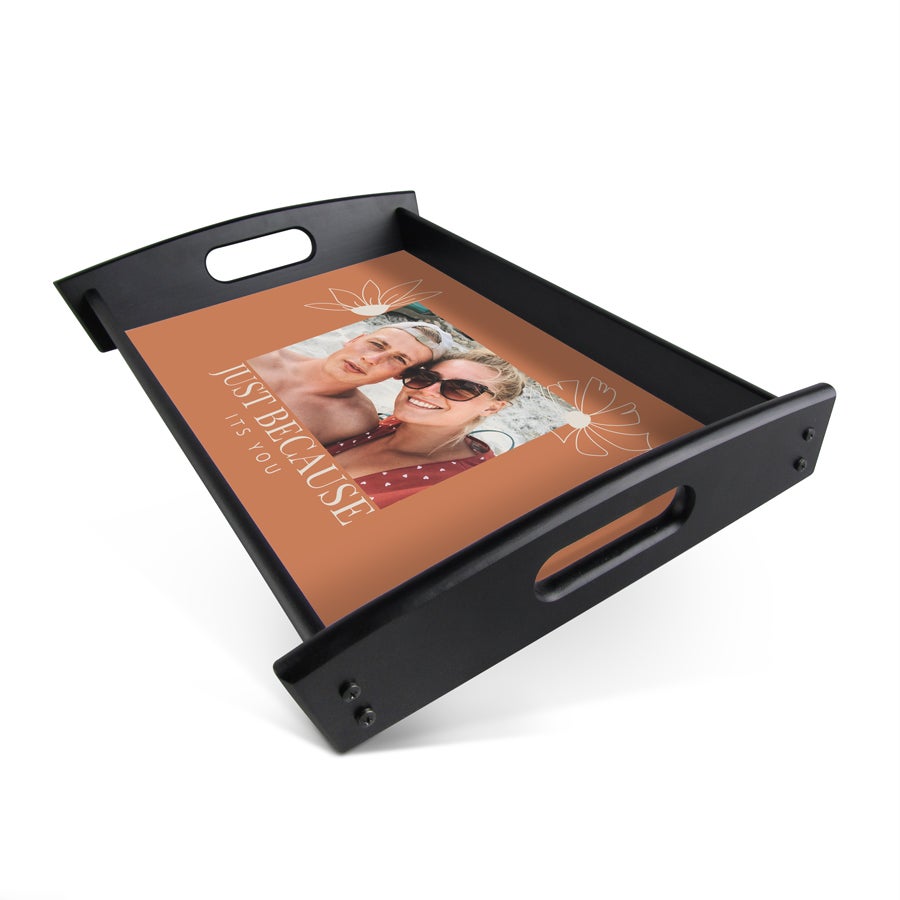 Personalised photo tray - Rectangle - Black - 23.5 x 37 cm Black wooden serving tray printed with a photo of a couple and the text "Just Because Its You" to give as a gift