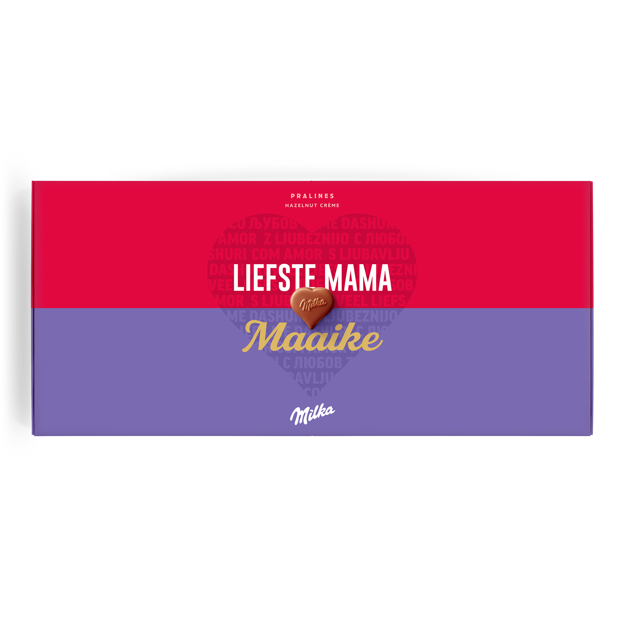 Gepersonaliseerde Say it with Milka chocolade giftbox bedrukt met de namen Liefste Mama en Maaike, met een hartvormige praline.