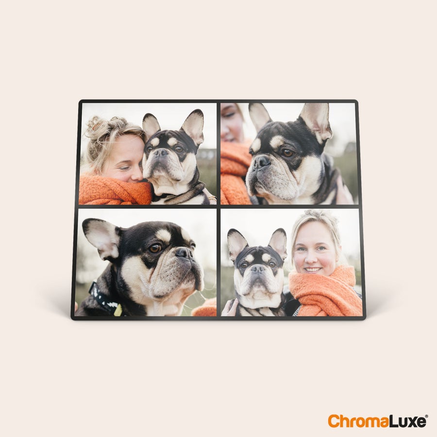 Aluminium Fotoramme med Billede ChromaLuxe fotoramme i aluminium med fire personlige fotos, der viser en kvinde med sin hund.
