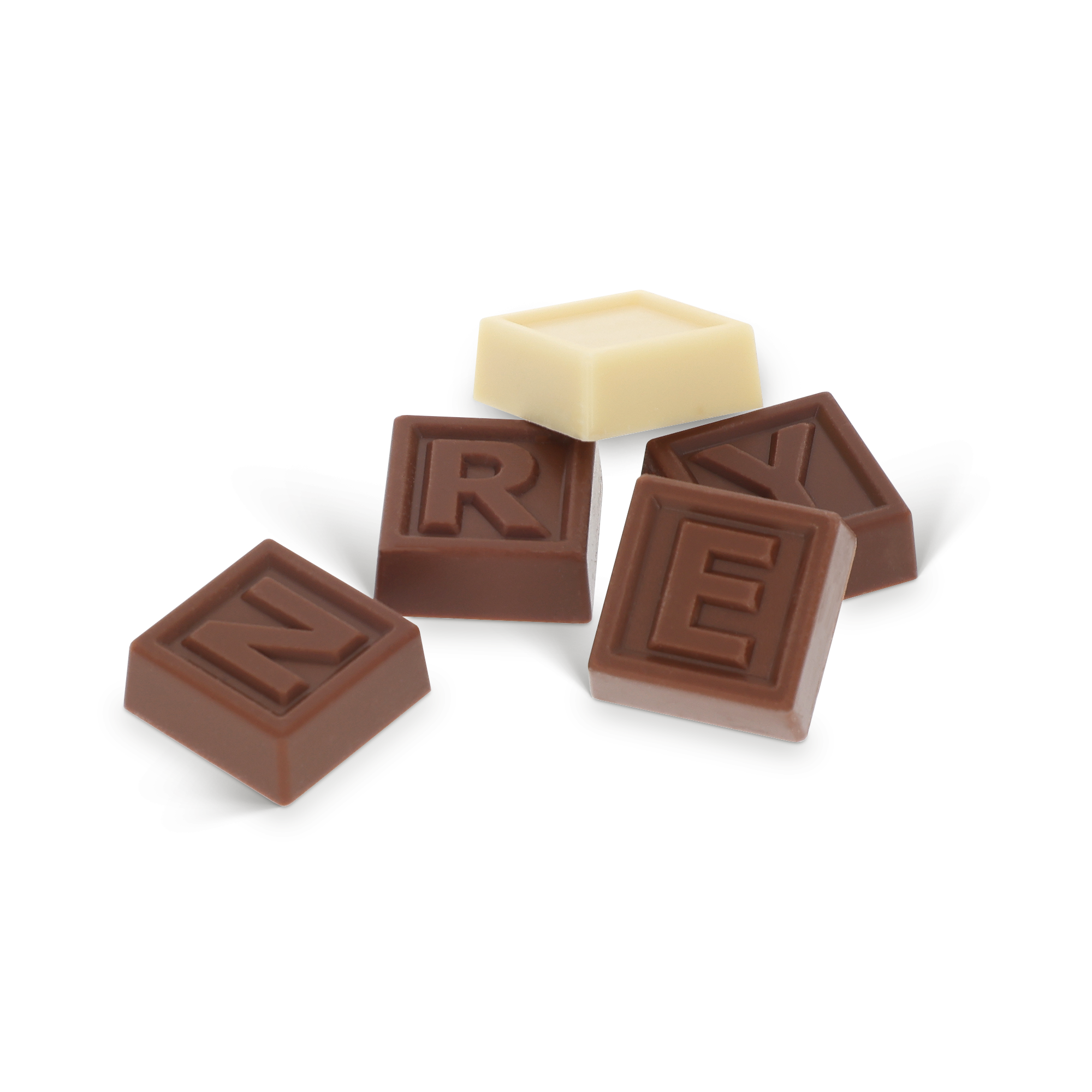 Chocotelegram met letters en cijfers van melk- en witte chocolade, gegraveerd met persoonlijke boodschap.