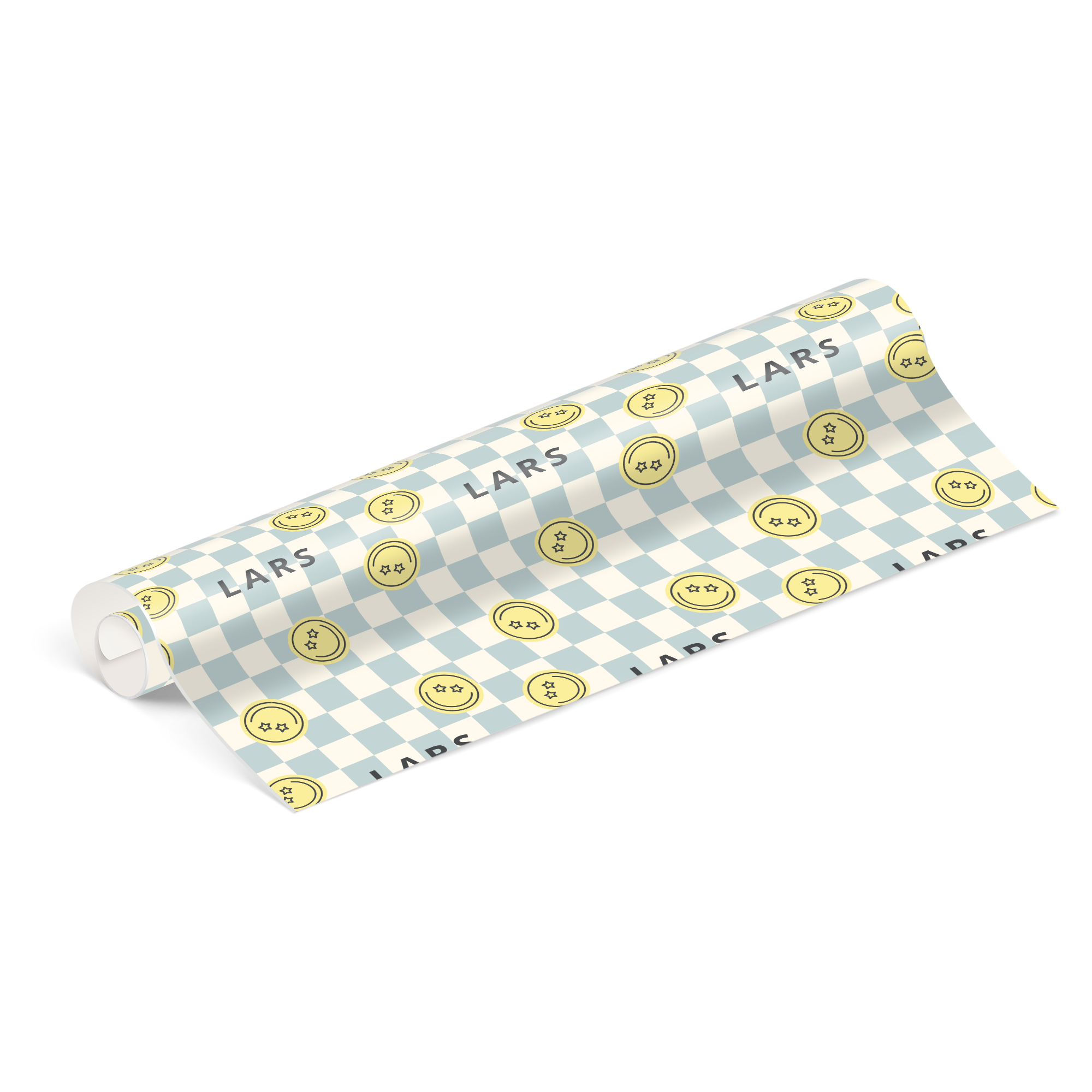 Geschenkpapier mit blau-weißem Schachbrettmuster und gelben Smileys, personalisiert mit dem Namen LARS.