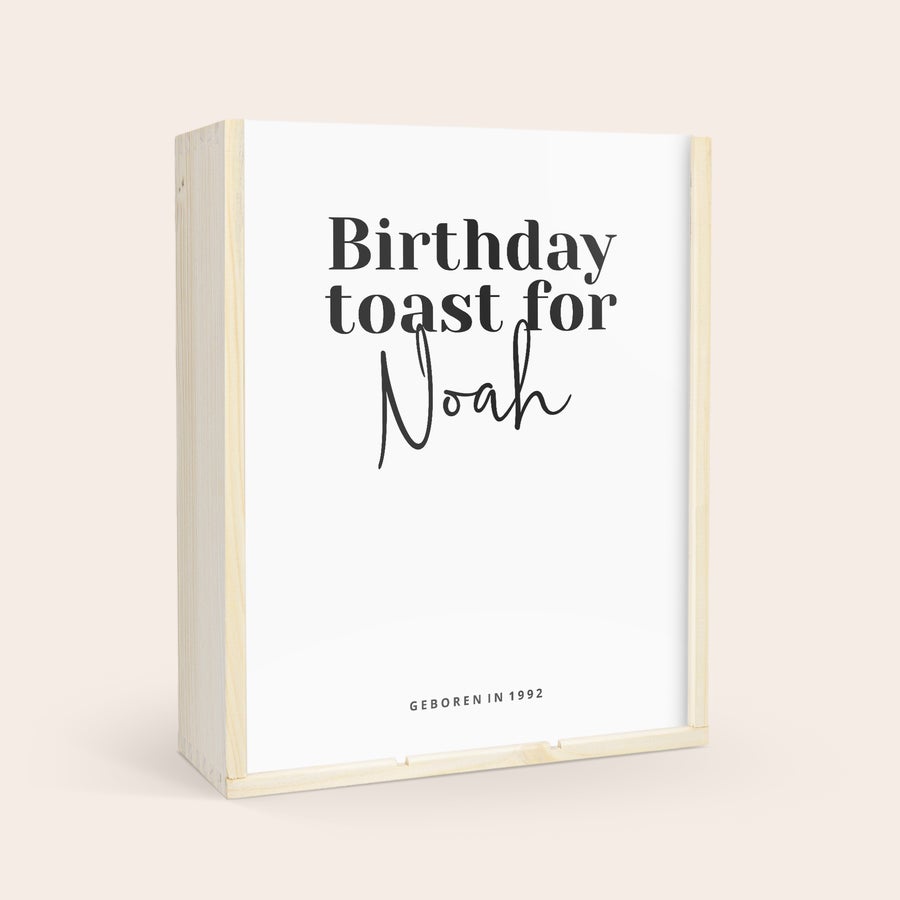 Wijnpakket met glas - Salentein Primus Malbec (Bedrukte deksel) Luxe wijnpakket in houten kist met bedrukte deksel met tekst Birthday toast for Noah geboren in 1992