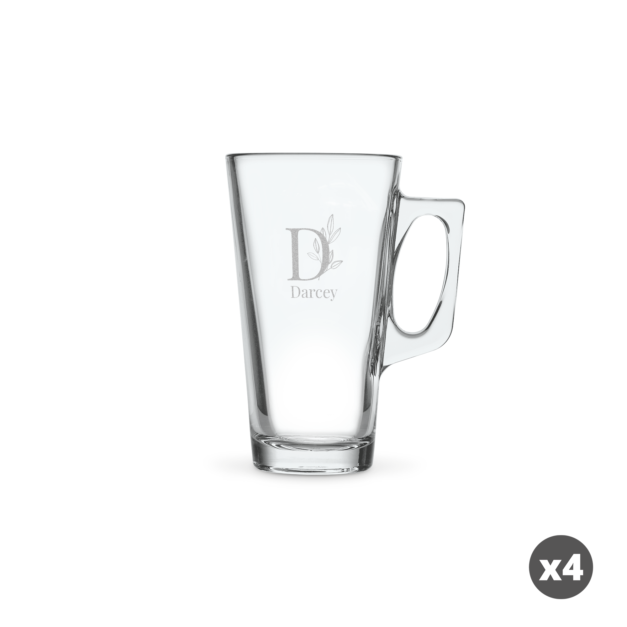 Unikátní brýle pro Latte Macchiato s vlastním rytím jména Darcey a písmene D s listovým motivem.