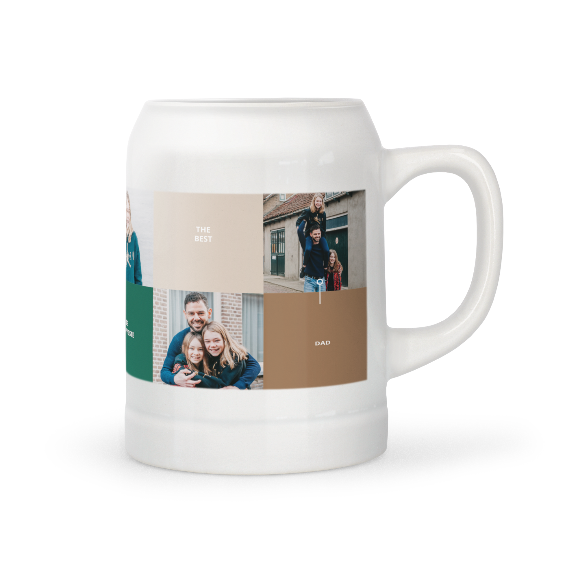 Taza de cerveza de cerámica blanca, personalizada con fotos familiares impresas y textos "The Best" y "Dad".