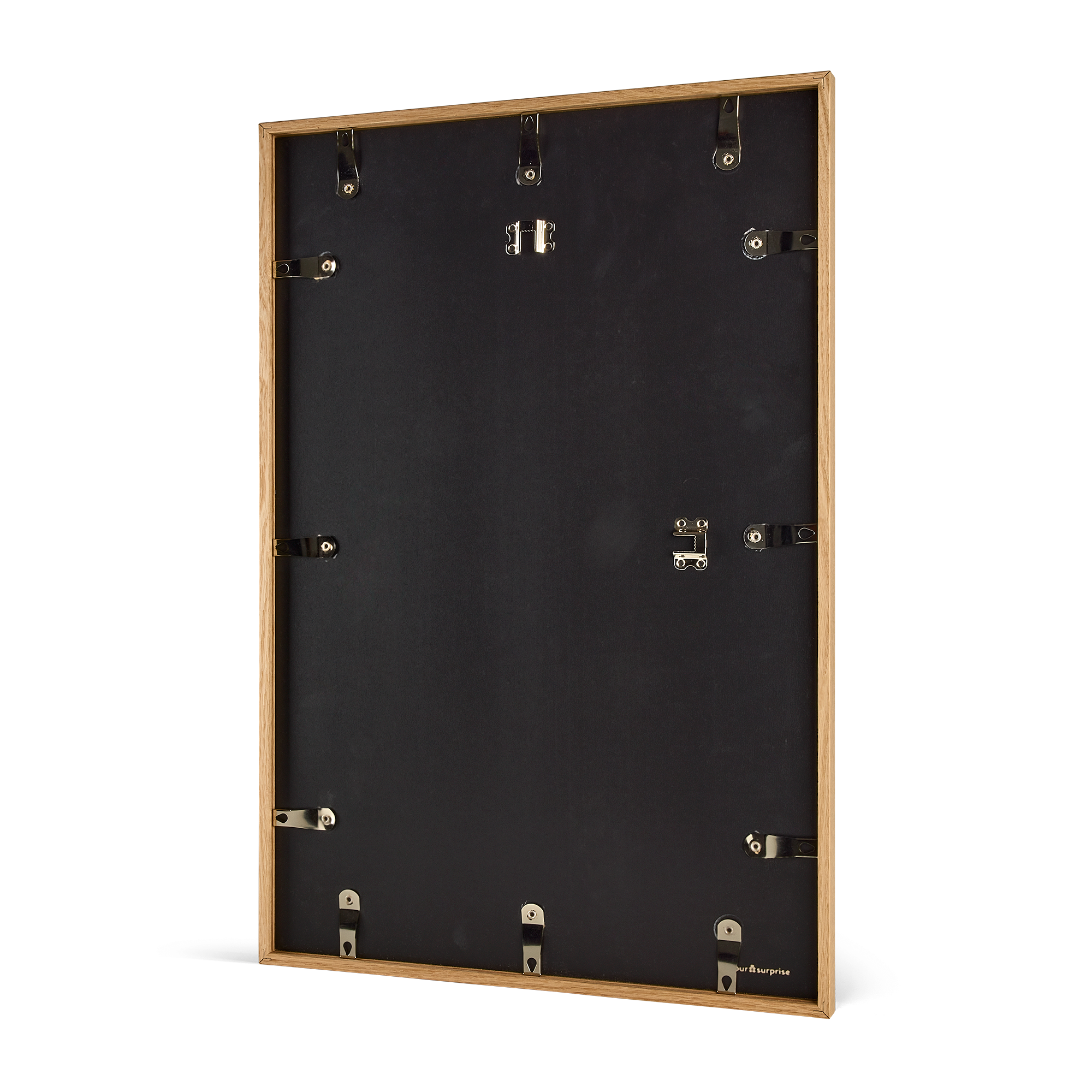 The back of a personalized photo print with a light brown wooden frame, ready to hang on your wall.