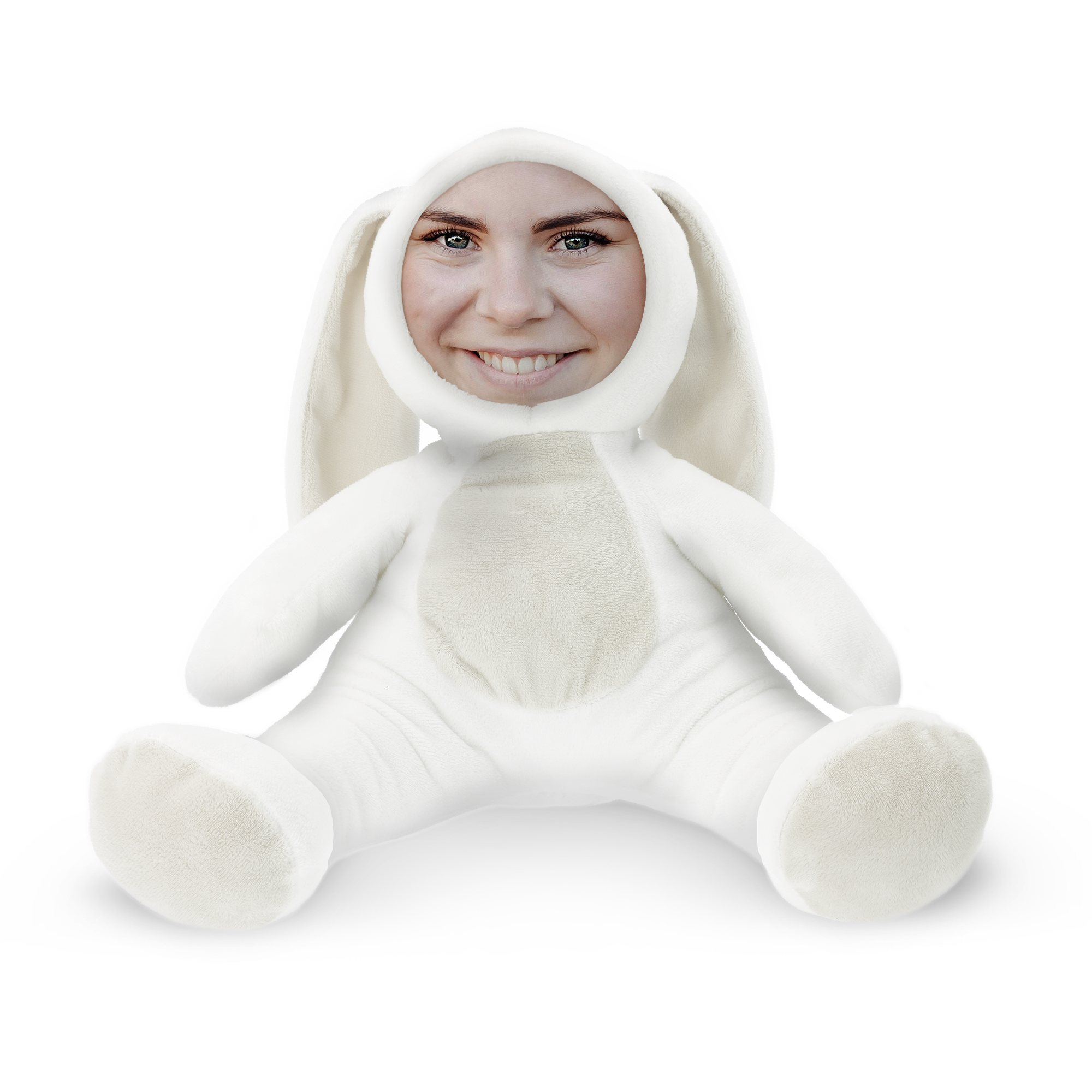 ItsieMe knuffelkonijn met een vrolijke foto van een lachende vrouw, de foto is op stof gedrukt.