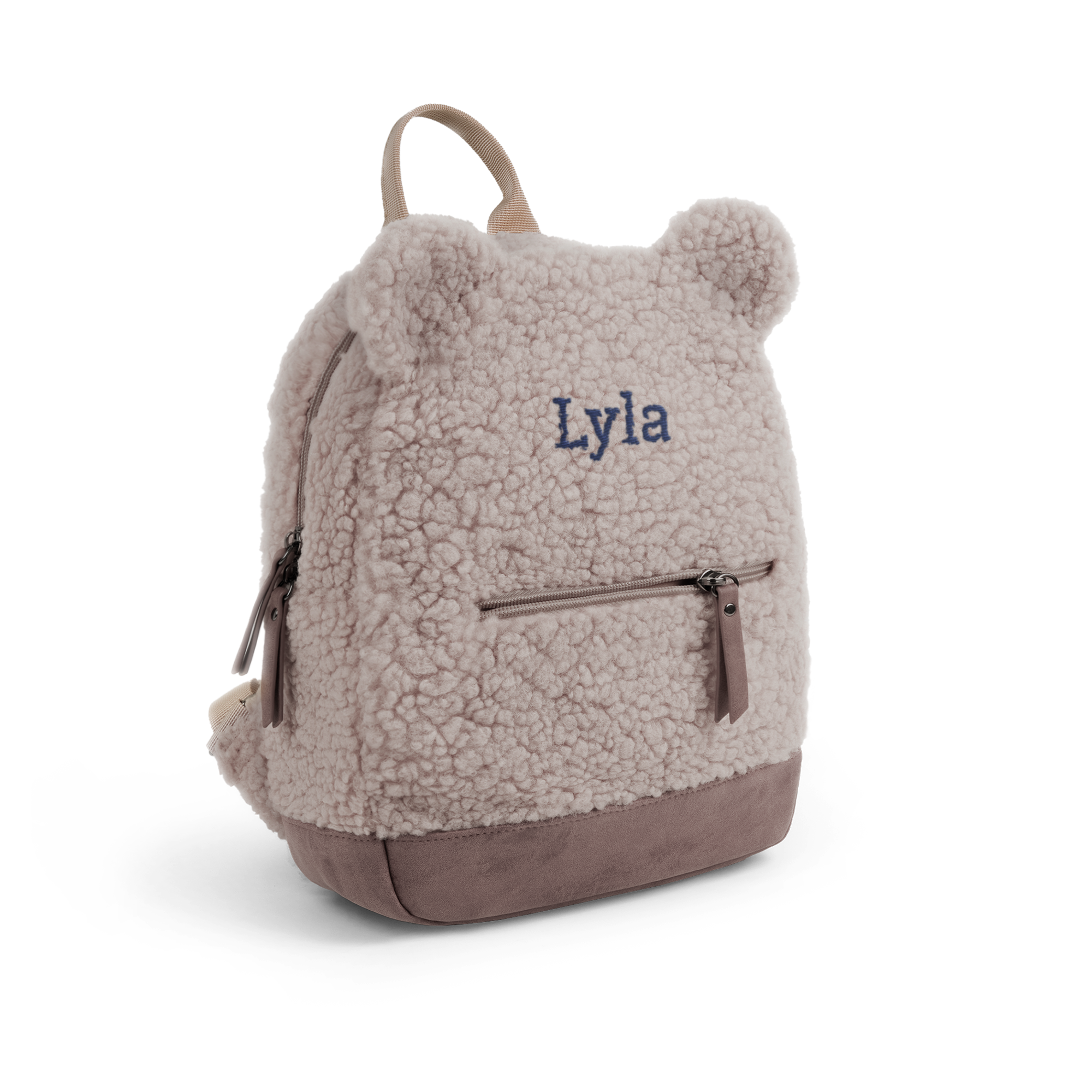 Beige teddy-ryggsekk med brodert navnet Lyla i mørkeblått, perfekt som en personlig tilpasset gave