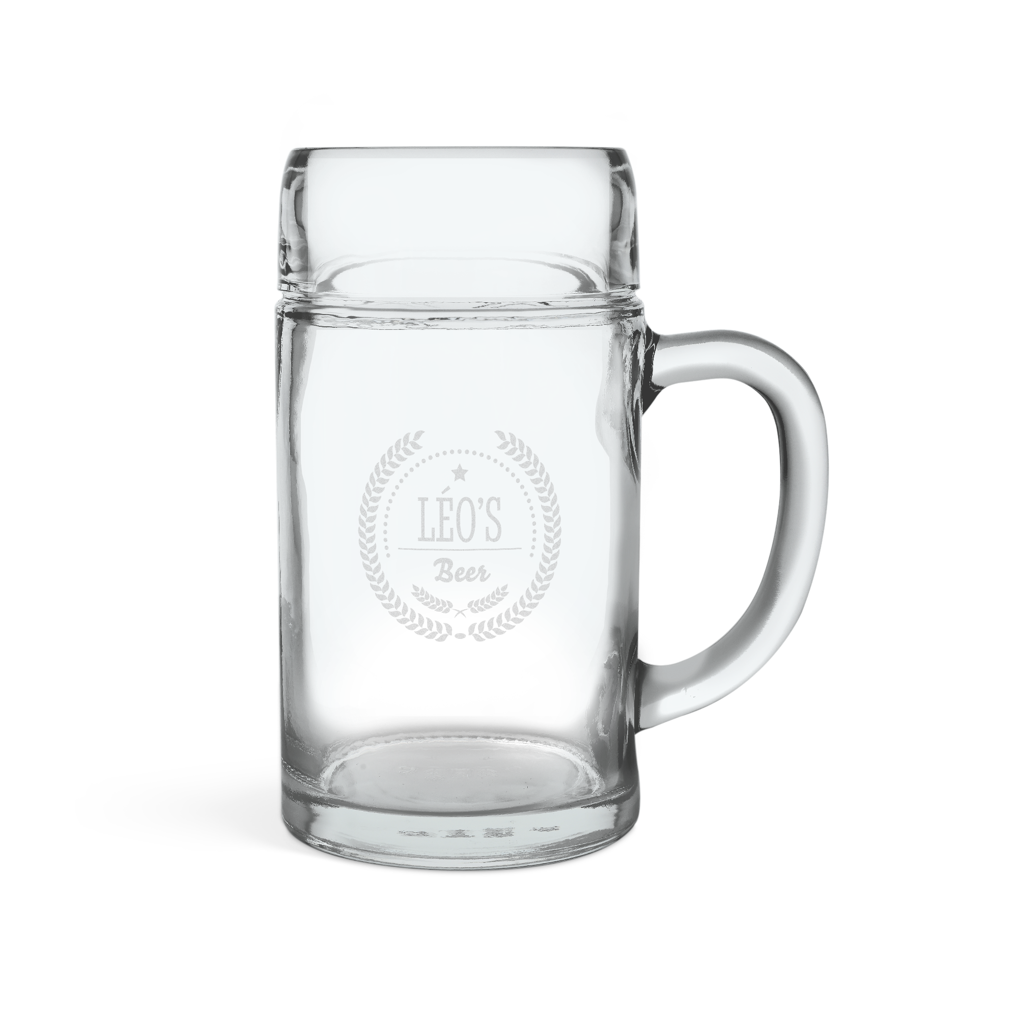 Verre à bière personnalisé de 1 L, gravé avec le texte LEO'S Beer et un motif de laurier et étoile.