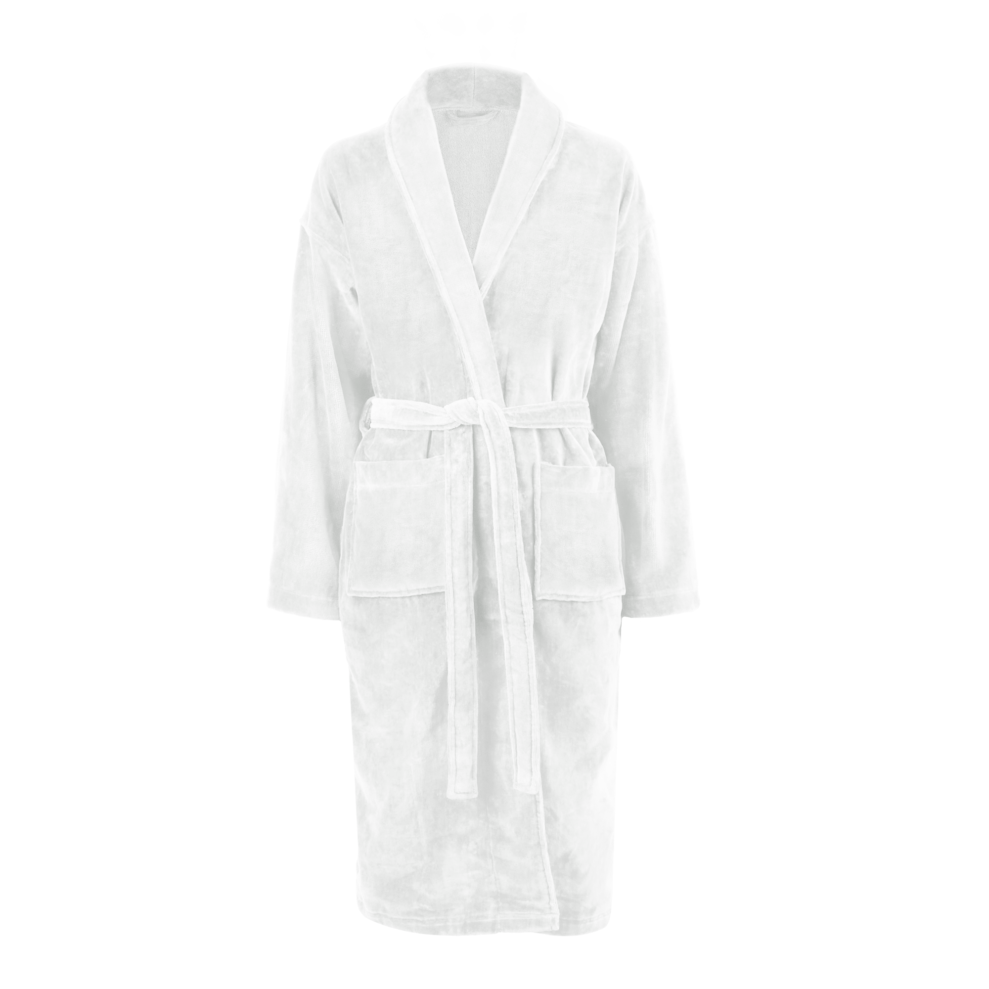 Albornoz blanco de mujer, con lazo ajustable, bolsillos y el cuello tipo chal, perfecto como regalo original de cumpleaños.