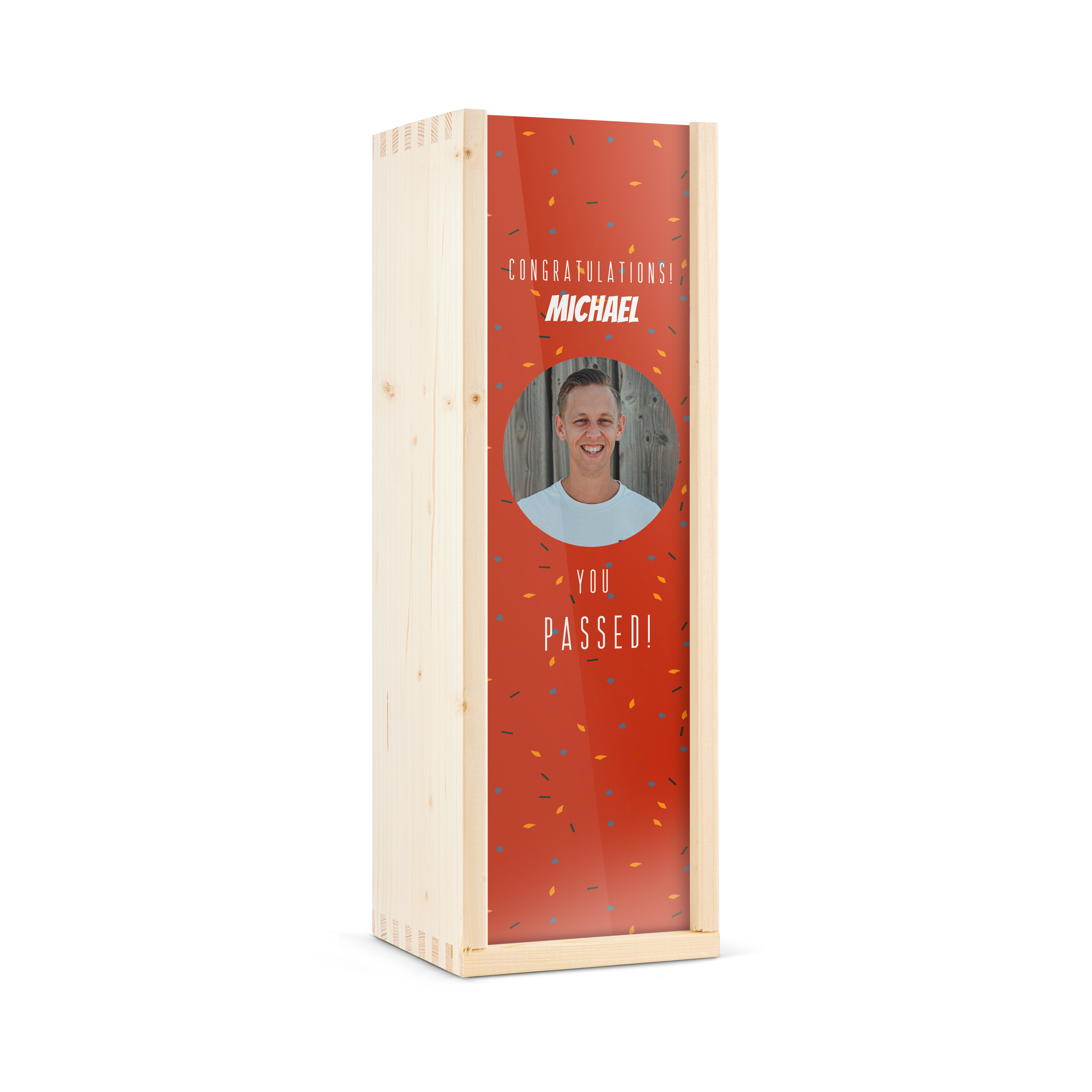 Bottiglia di whisky Glen Talloch in custodia di legno personalizzata con foto, nome Michael e testo Congratulations You Passed