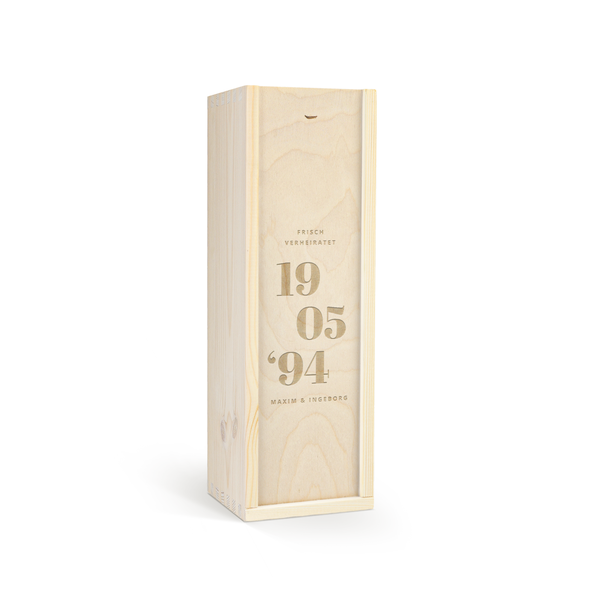 Personalisierte Holzkiste für eine Flasche Famous Grouse mit "FRISCH VERHEIRATET 19 05 '94 MAXIM & INGEBORG" Gravur