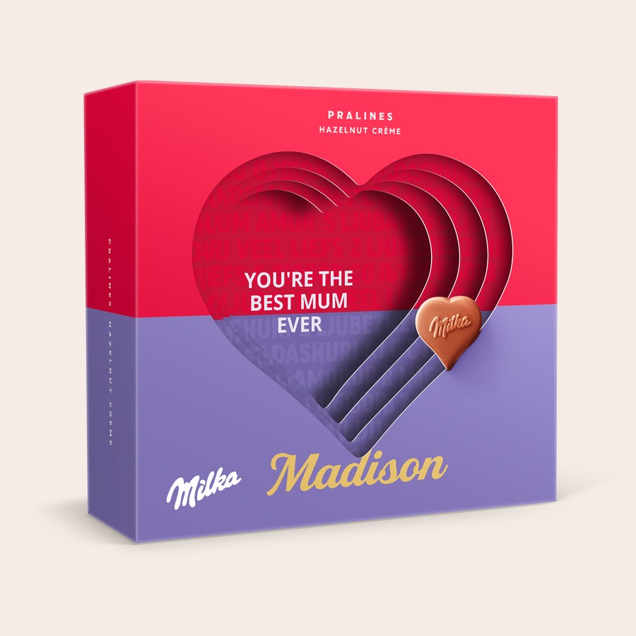 Cutie cadou Milka Chocolate 3D Cutie cadou personalizată Milka Hearts 3D, roșu și mov, cu inimă Milka și text personalizat