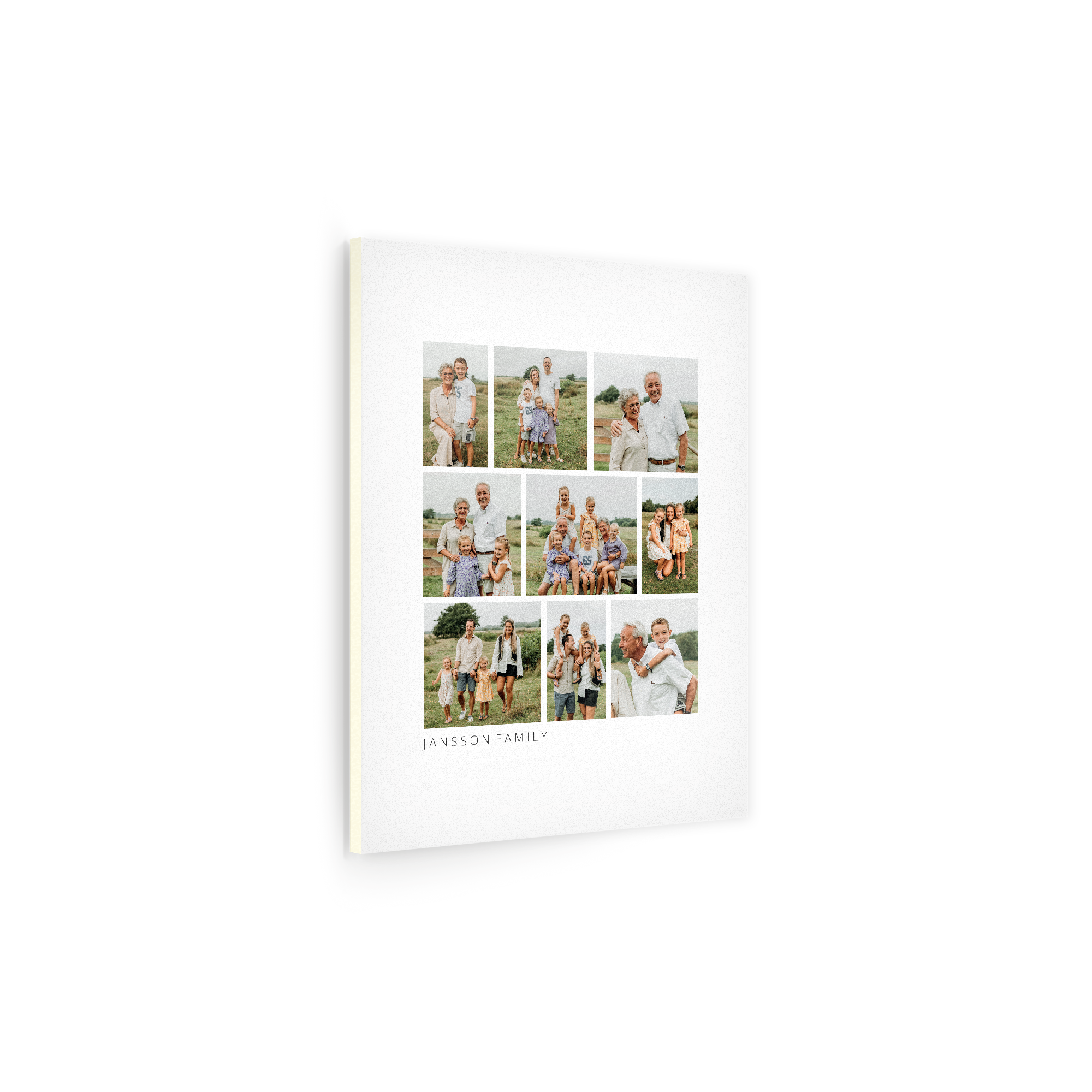 Ett foto på forex med fotocollage och "Jansson Family" tryckt i svart, en underbar gåva.