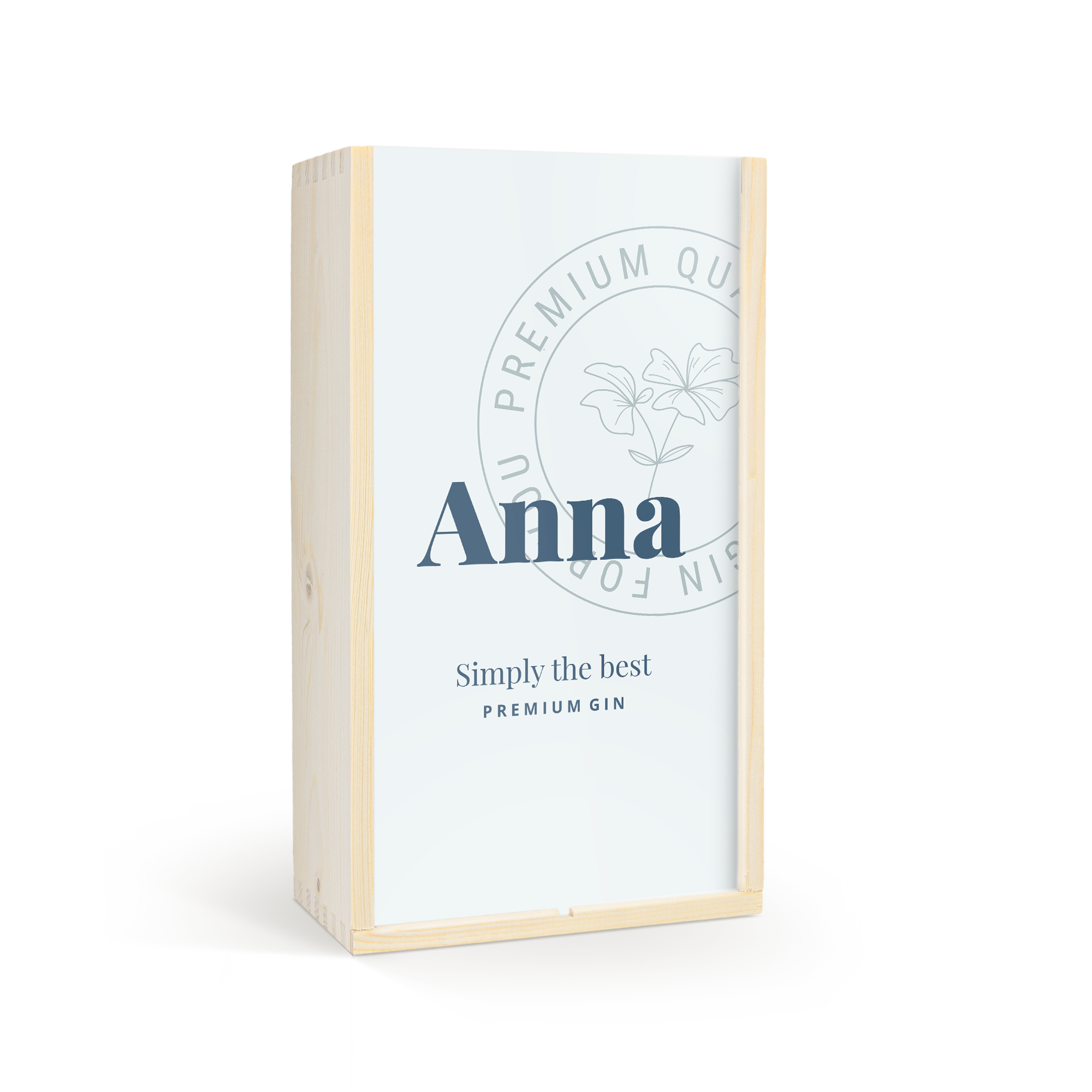 Houten gin-tonic pakket met bedrukte deksel met de naam Anna en tekst Simply the best Premium Gin.