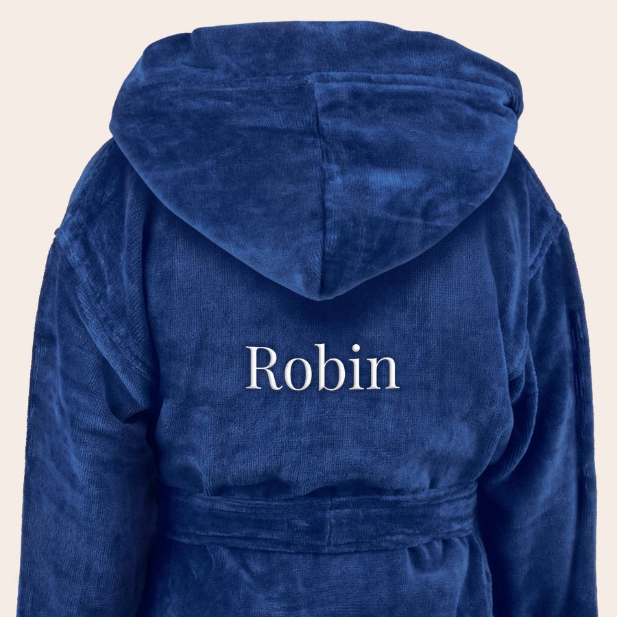 Peignoir enfant personnalisé Peignoir enfant bleu super doux personnalisé, brodé avec le prénom Robin.