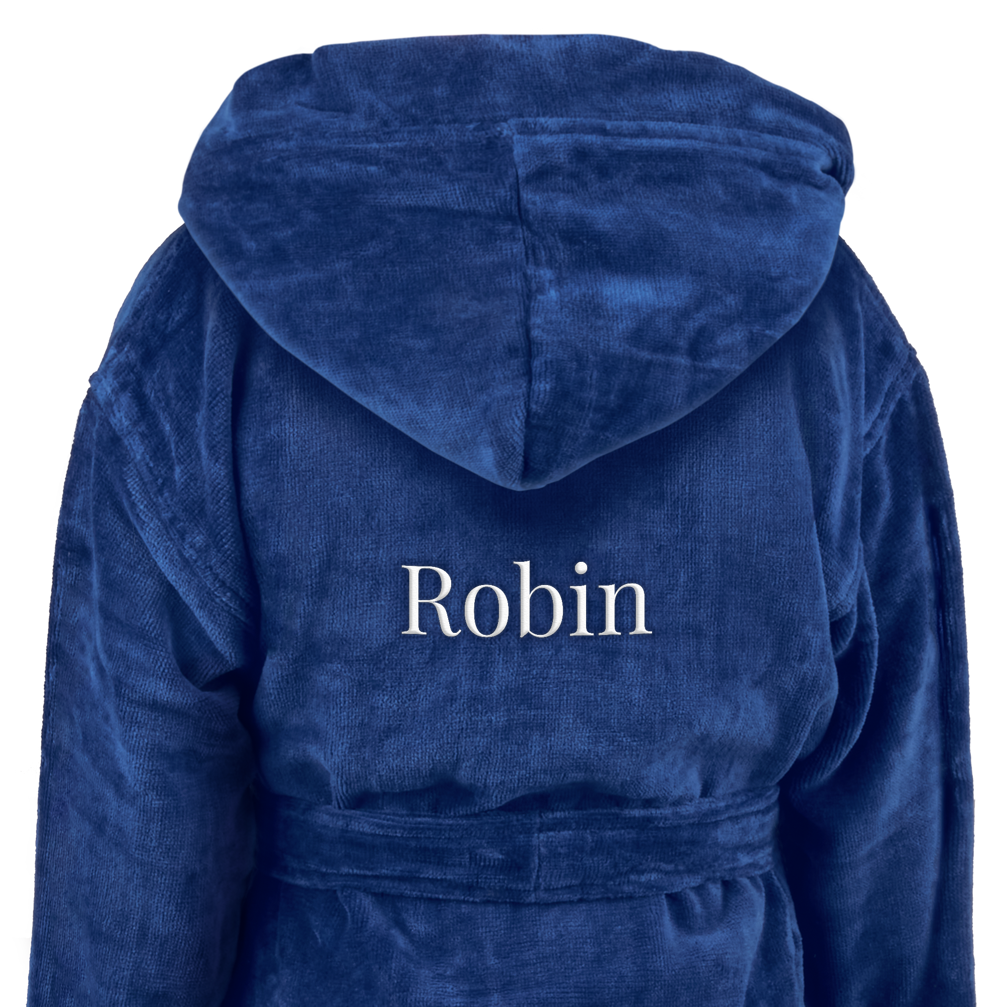 Soft personalised bathrobe in navy blue with the name Robin embroidered on the back.