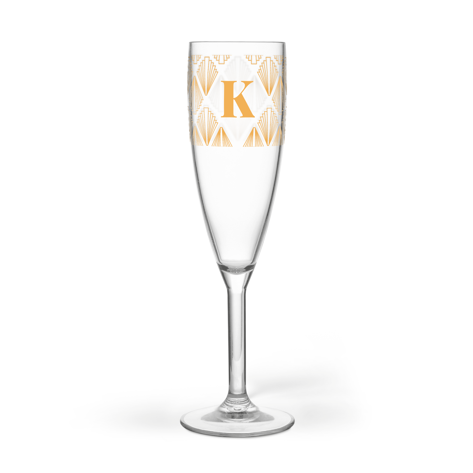 Calice per champagne in plastica personalizzato con il design Art Deco e la lettera K stampati in giallo
