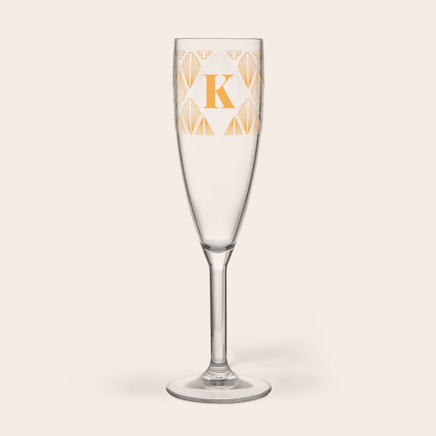 Calice per Champagne in Plastica - Stampato Calice per champagne in plastica personalizzato con il design Art Deco e la lettera K stampati in giallo