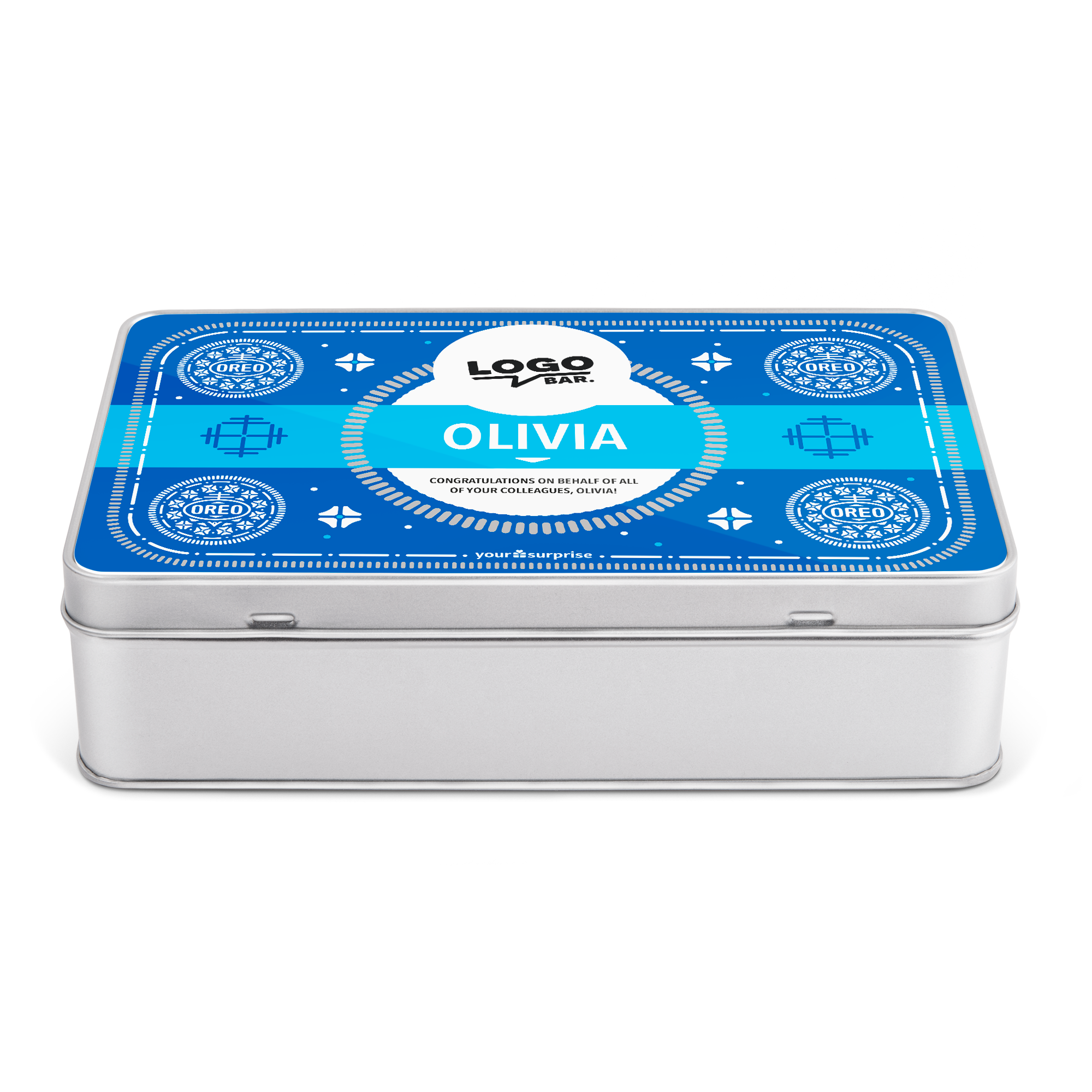 Personalized blue Oreo chocolate gift tin printed with the name Olivia