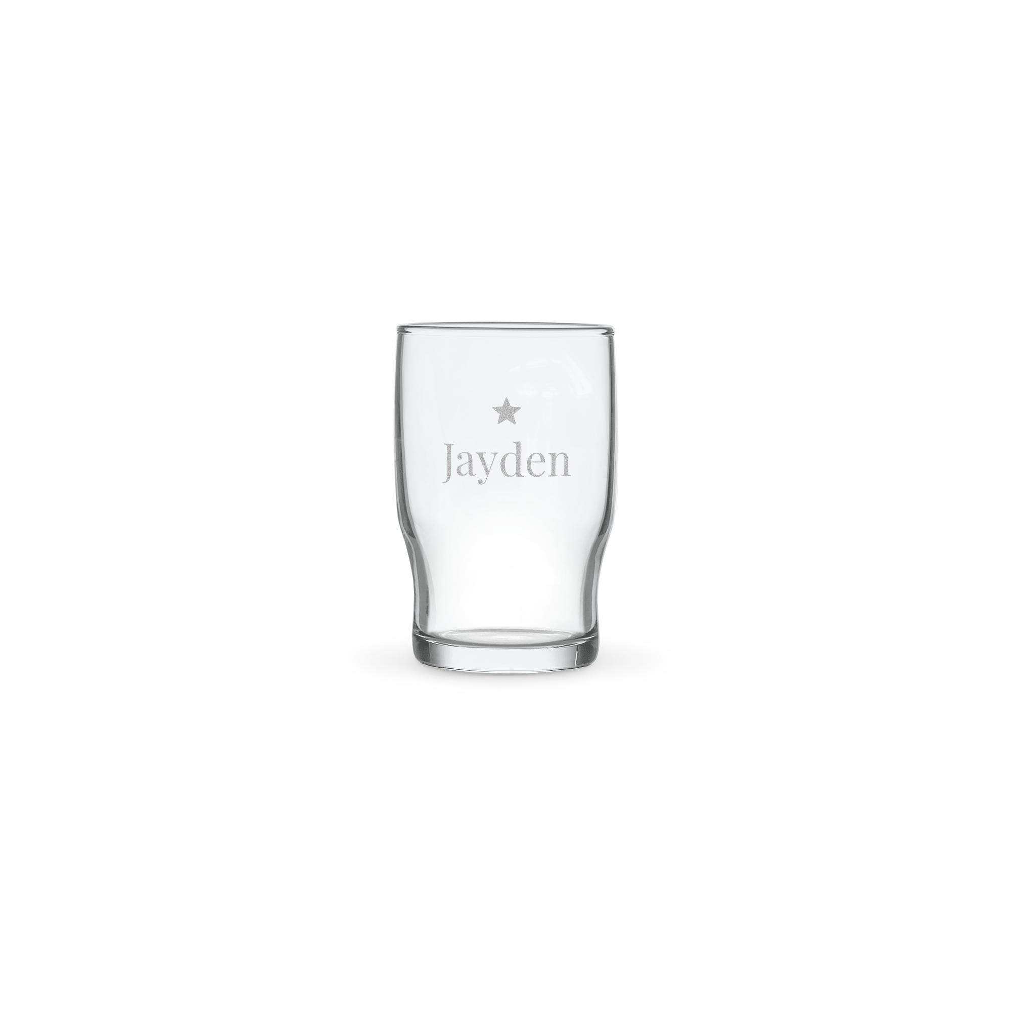 Vaso de agua personalizado con el nombre "Jayden" y una estrella grabados en el cristal.