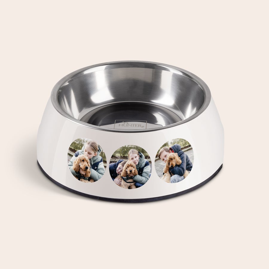 Castron pentru hrănirea câinilor Bol alb din melamină cu vas detașabil din oțel inoxidabil, imprimat cu 3 fotografii personalizate și ideal pentru vas de hrănire personalizat.