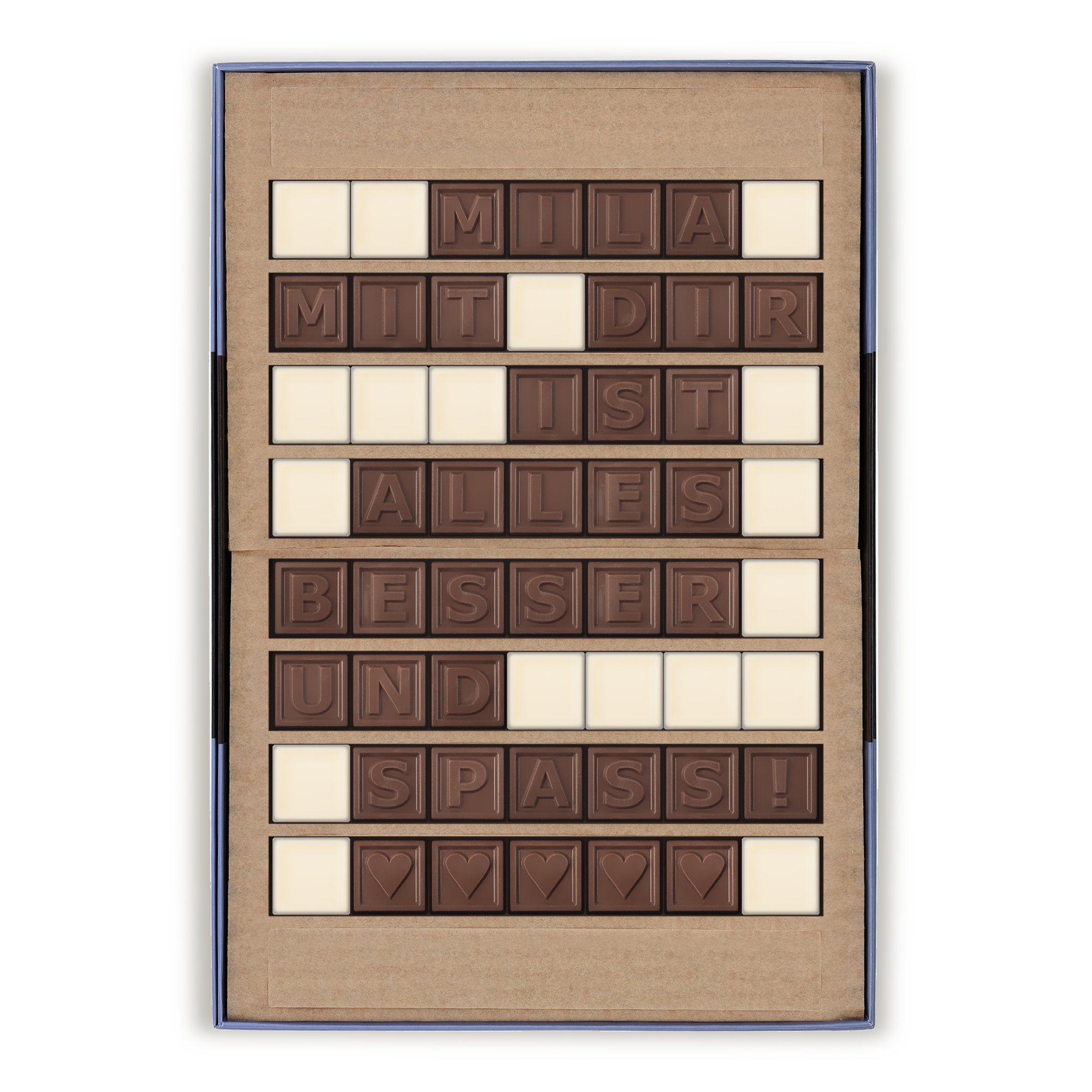 Ein persönliches Schokoladentelegramm mit der Nachricht MILA MIT DIR IST ALLES BESSER UND SPASS