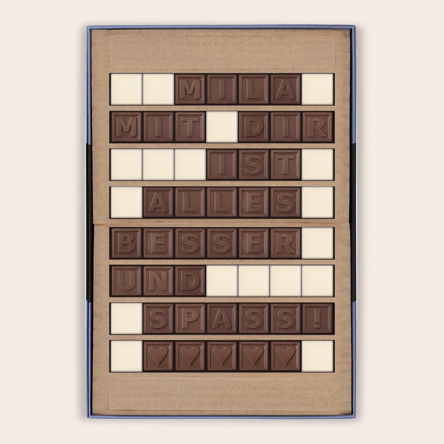 Schokotelegramm Selber Gestalten Ein persönliches Schokoladentelegramm mit der Nachricht MILA MIT DIR IST ALLES BESSER UND SPASS