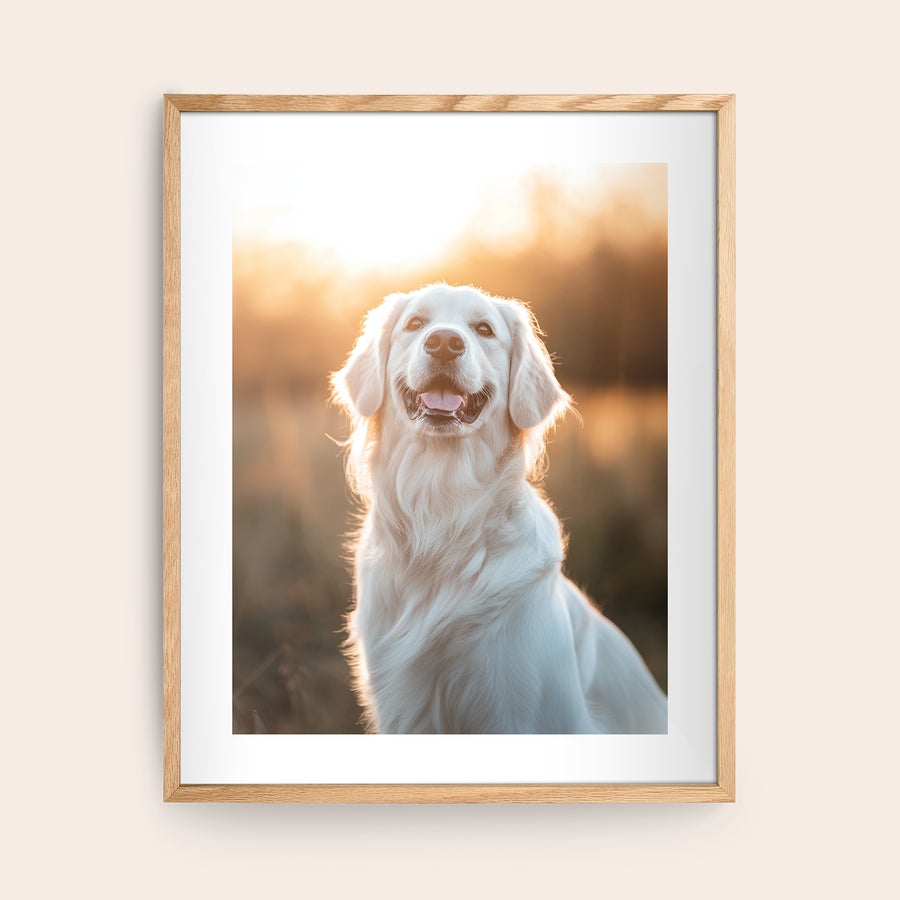 Fotografia emoldurada Moldura de carvalho com foto de cão, impressa com a sua memória mais bonita e personalizada.