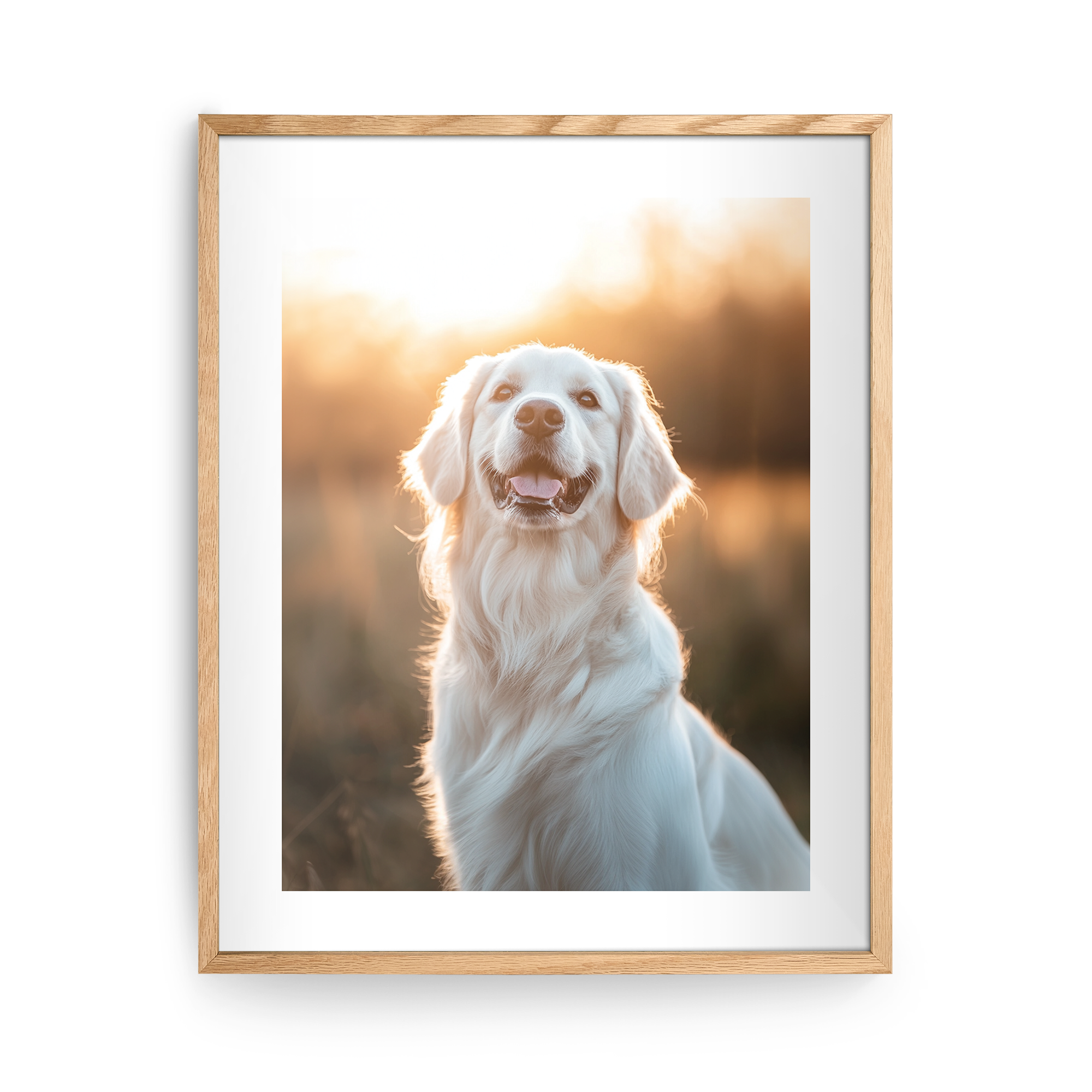 Personlig affisch i träram, tryckt med ett snyggt foto av en golden retriever i solnedgången.