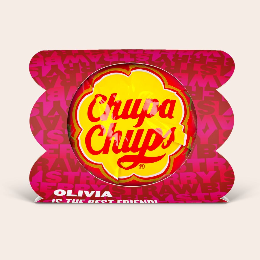 Mega Chupa Chups - personalised Personalised Mega Chupa Chups strawberry 20 lollys with Olivia is the best friend message, printed on a red display box