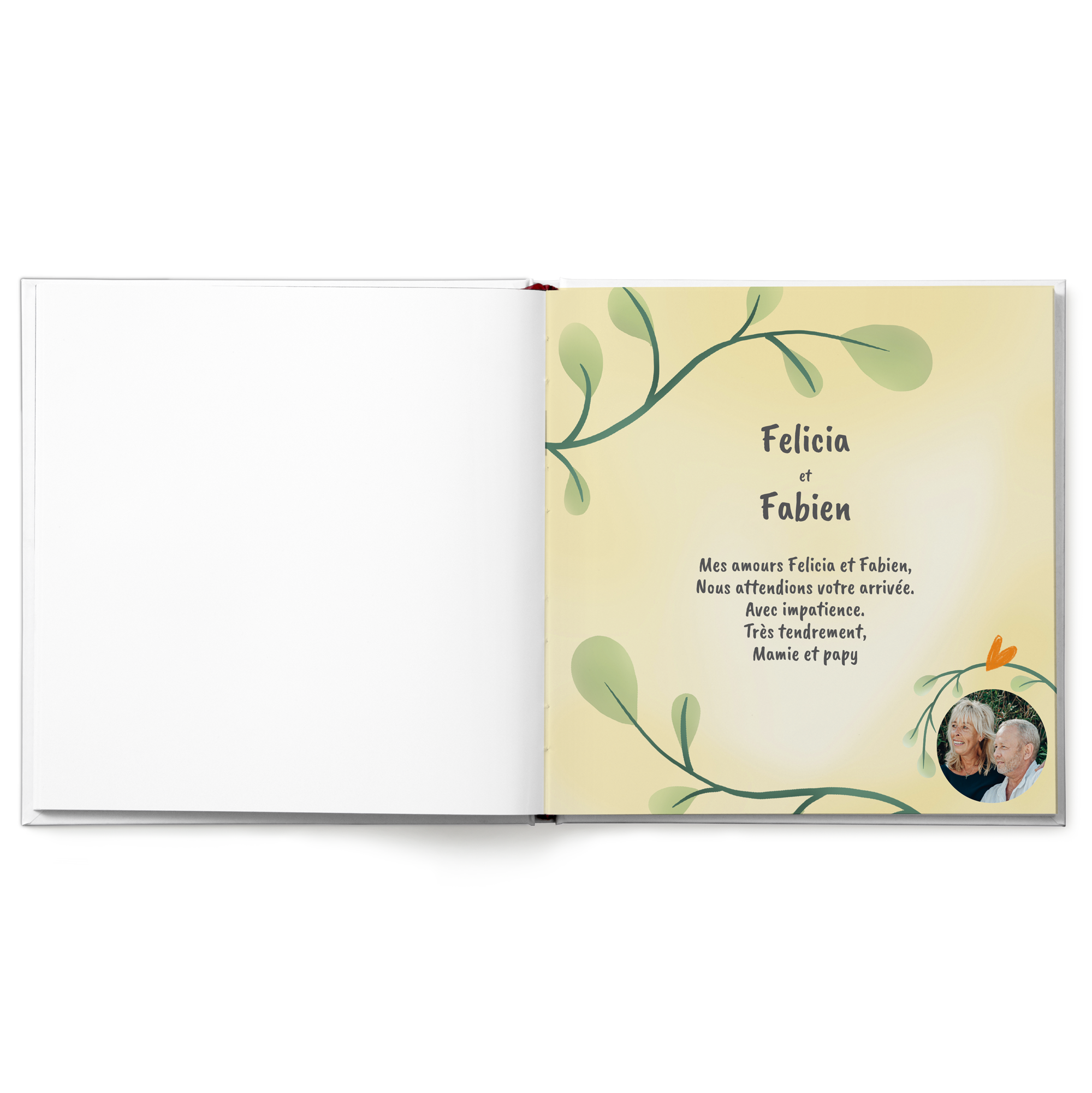 Livre de jumeaux personnalisé avec prénoms Felicia et Fabien et photo, pour célébrer la naissance de jumeaux.