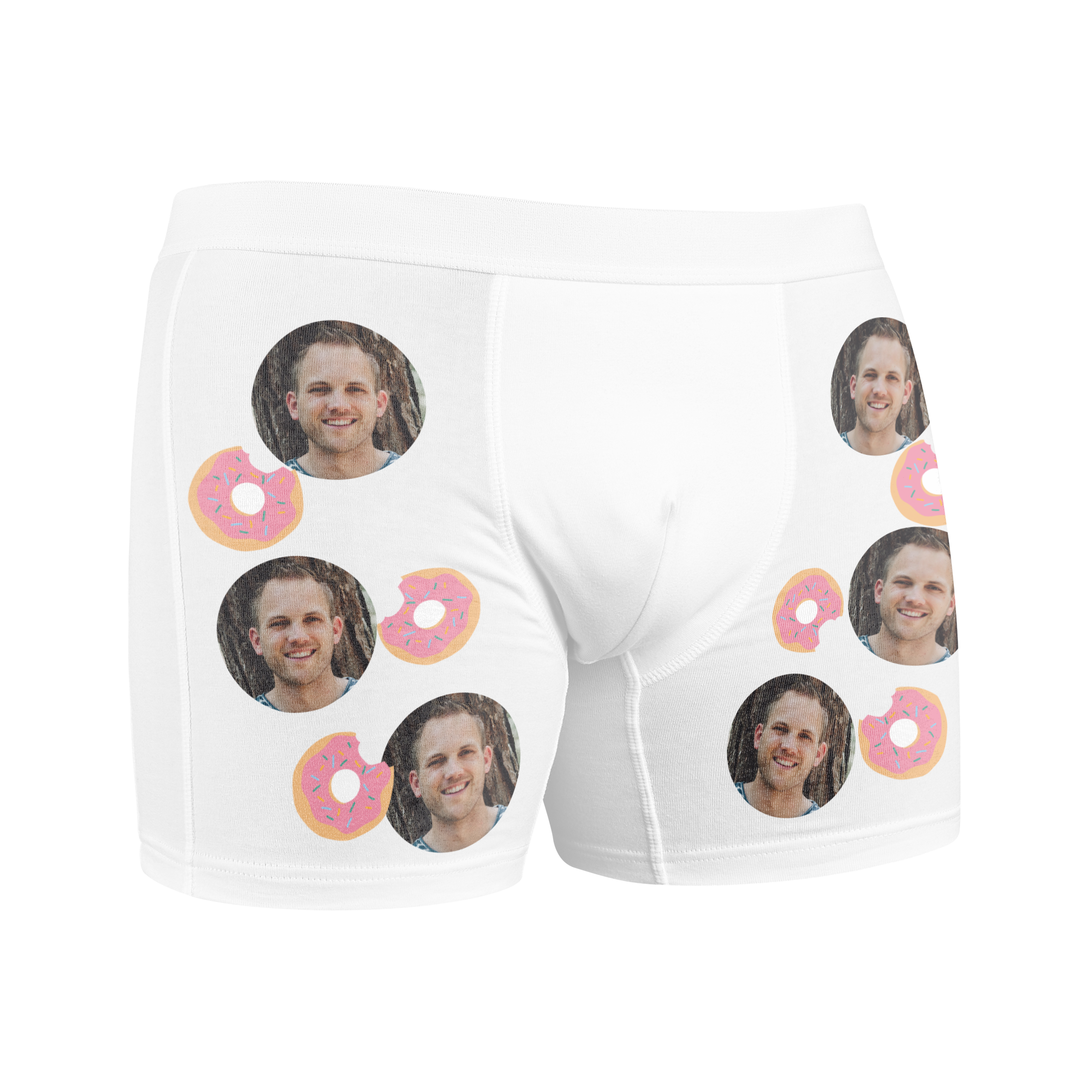 Witte boxershort met foto van een lachende man en roze donuts, gepersonaliseerd met herhalende opdruk