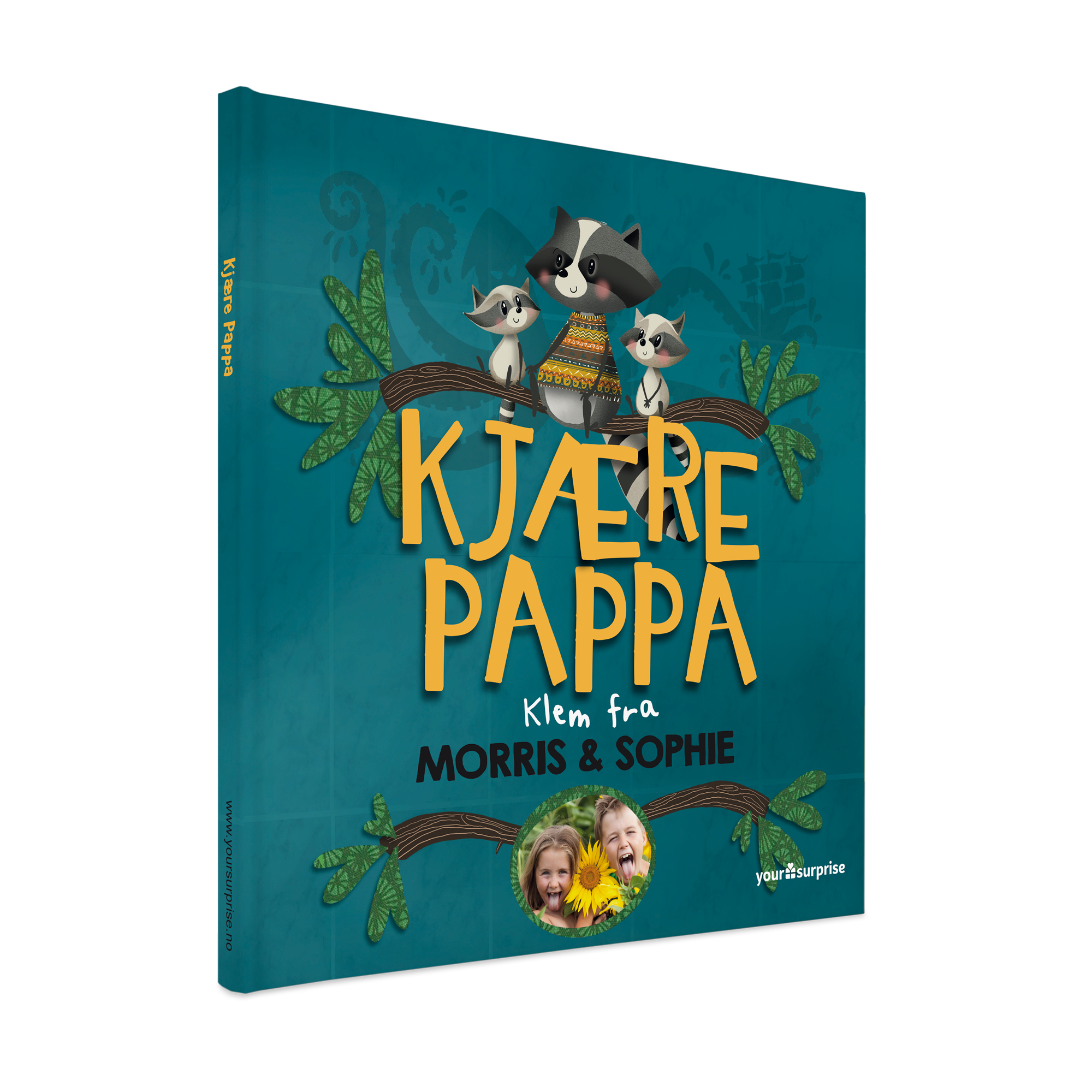 Denne nydelige boken er personlig tilpasset med tekst "Kjære Pappa Klem fra Morris & Sophie" og et bilde.