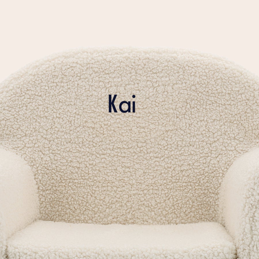 Kids teddy chair Off-white Personalised Kids Teddy Chair with the name Kai embroidered in dark blue on the backrest