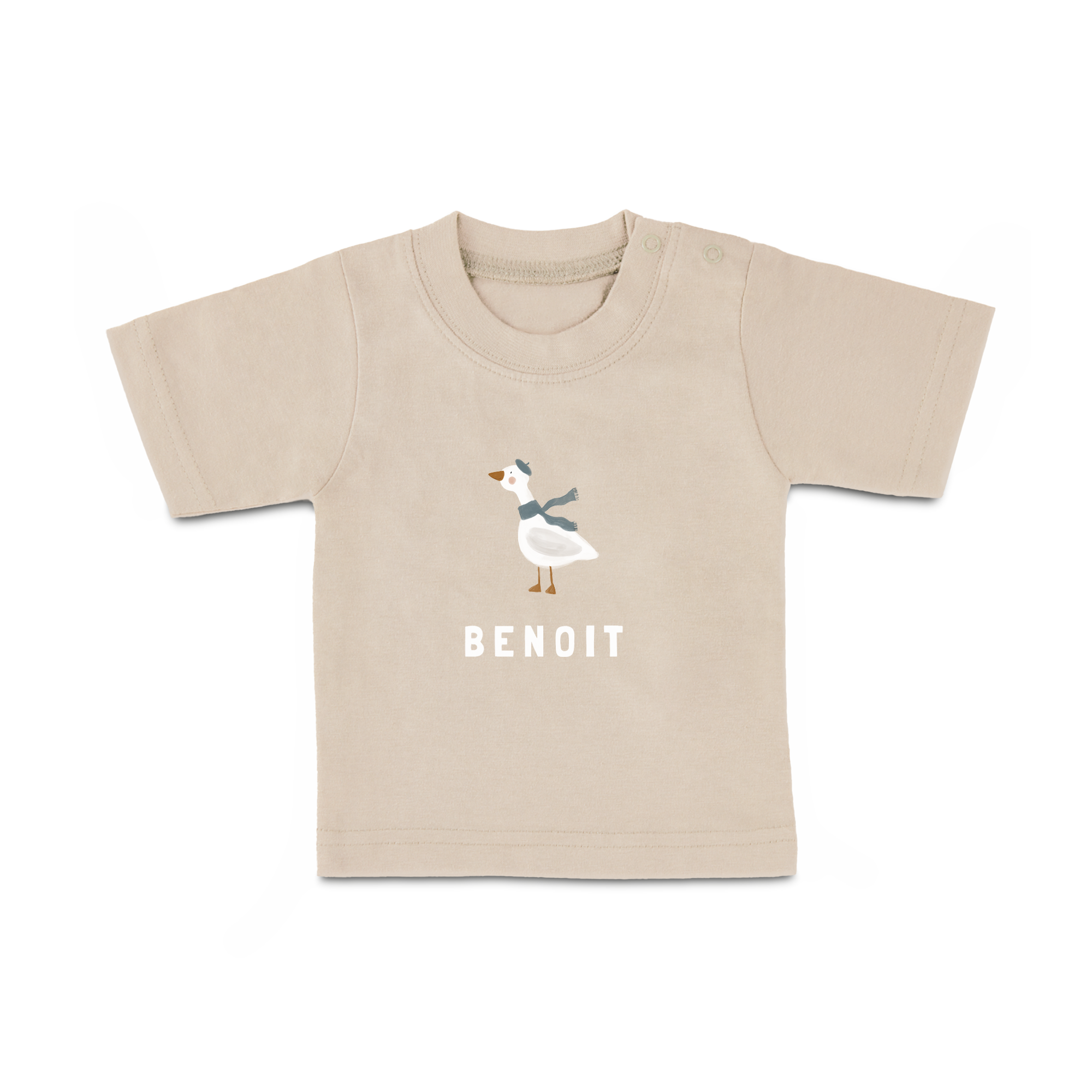 T-shirt bébé beige personnalisé avec le nom BENOIT et une oie imprimée