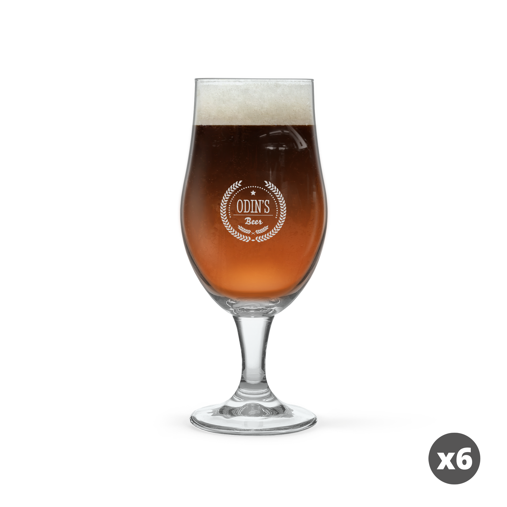 Ølglass fylt med håndverks-øl, lasergravert med logoen Odins Beer med navn og tekst.