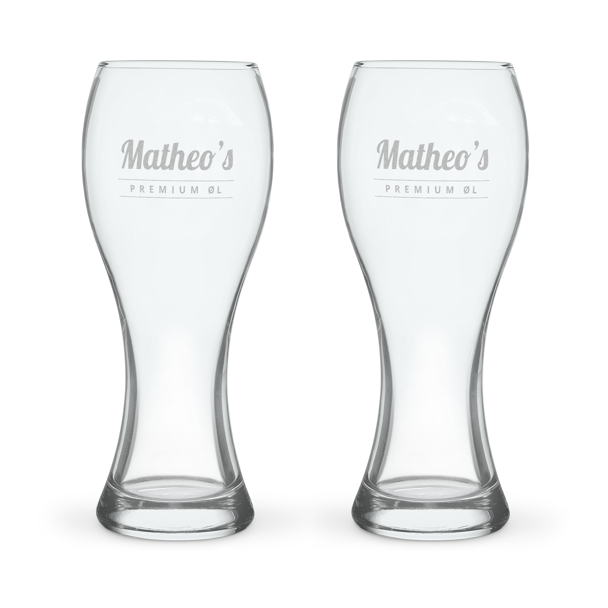 To inngraverte ølglass med teksten "Matheo's PREMIUM ØL" for å nyte yndlingsølen din.