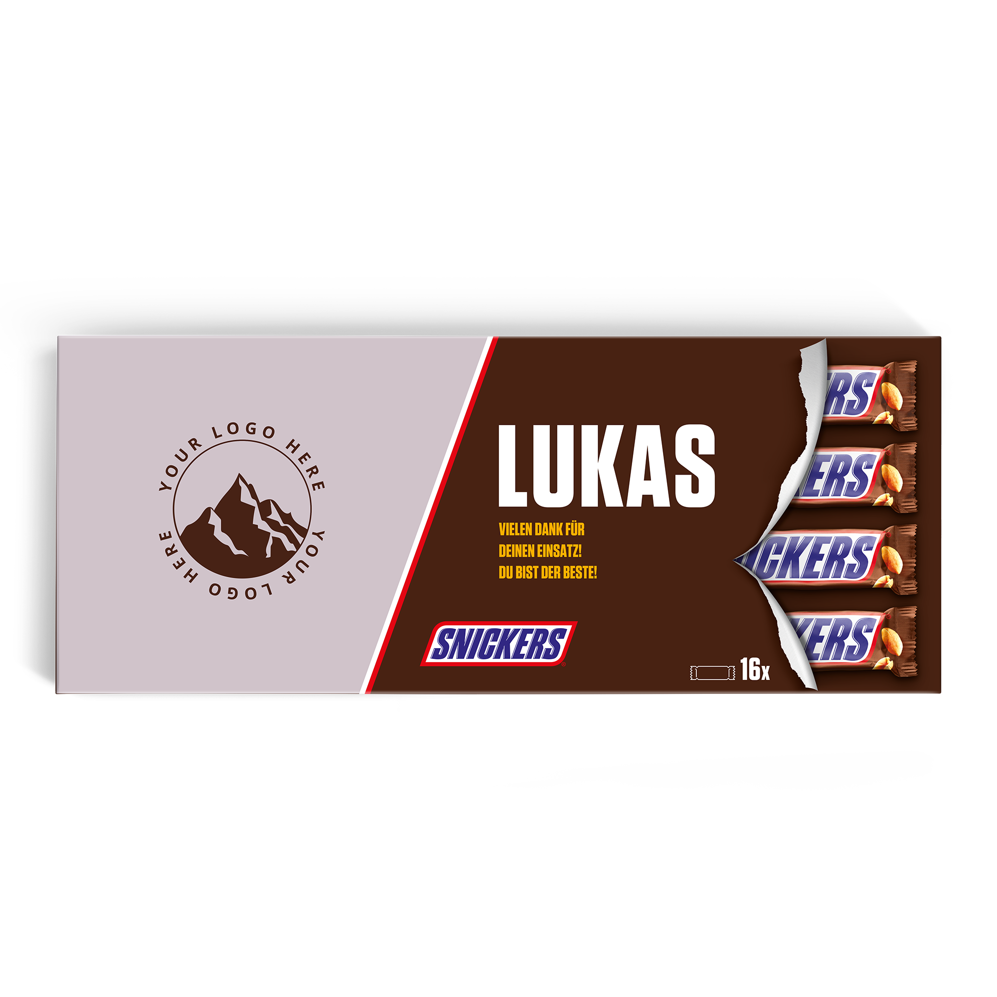 Personalisierter XXL Snickers Schokoriegel mit Namen Lukas und Text "Vielen Dank für deinen Einsatz! Du bist der Beste!" auf der Verpackung bedruckt, dazu 16 einzelne Snickers-Riegel.