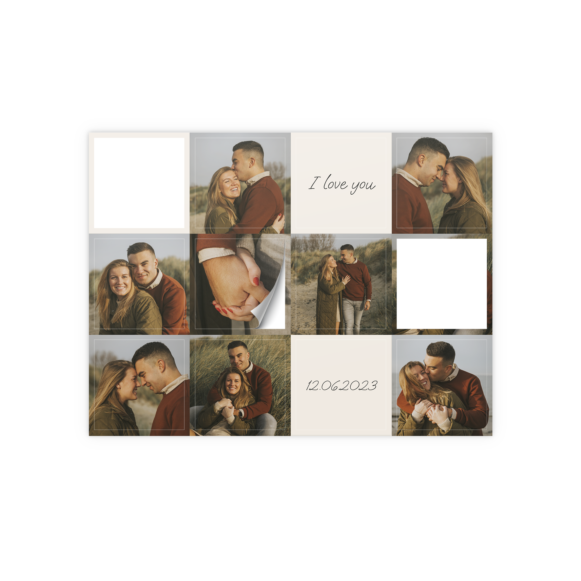 Personalizované samolepky s koláží fotografií páru, textem "I love you" a datem 12.06.2023.
