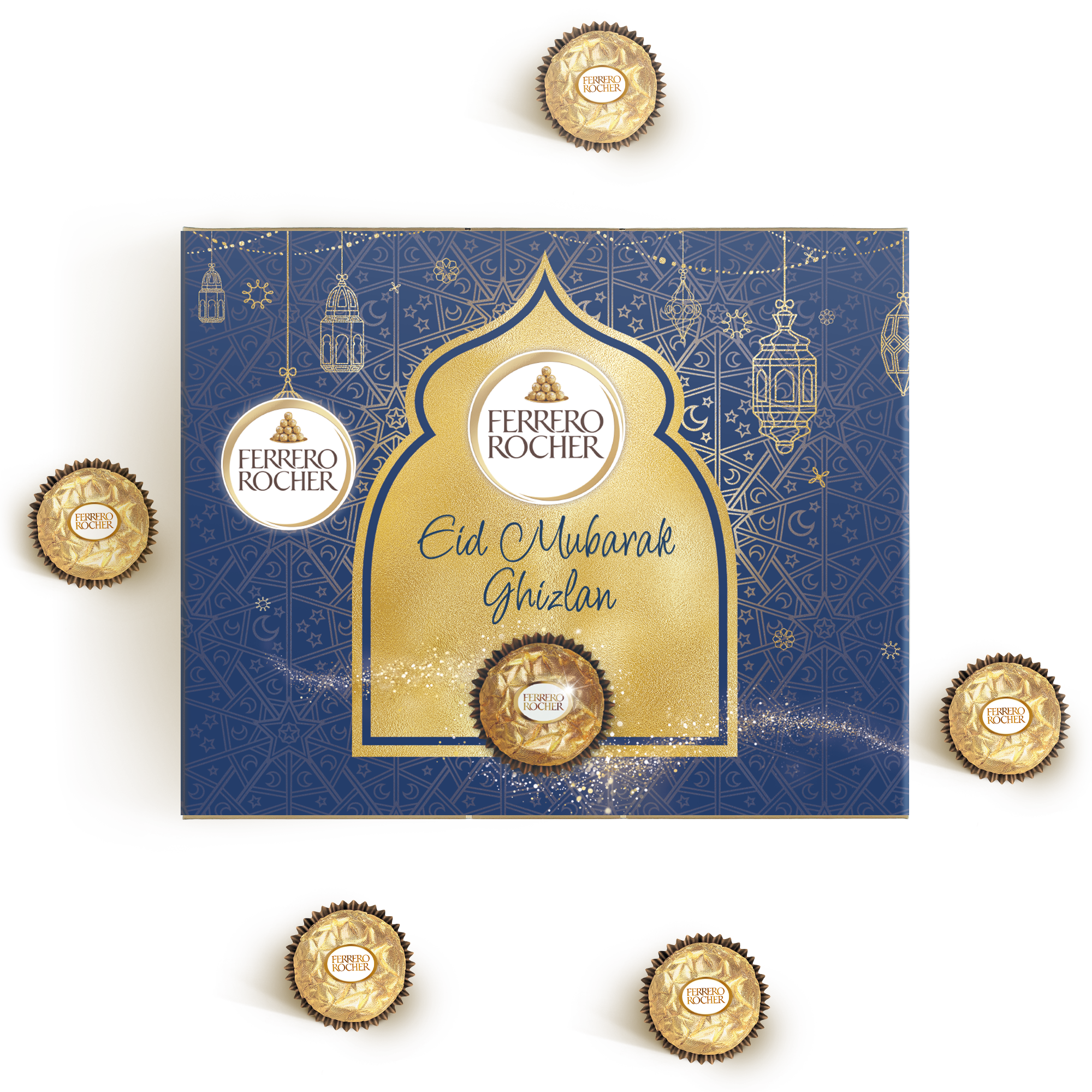 Personalisierte Ramadan Schokolade Ferrero Rocher Box mit Name Ghizlan und Eid Mubarak aufgedruckt.