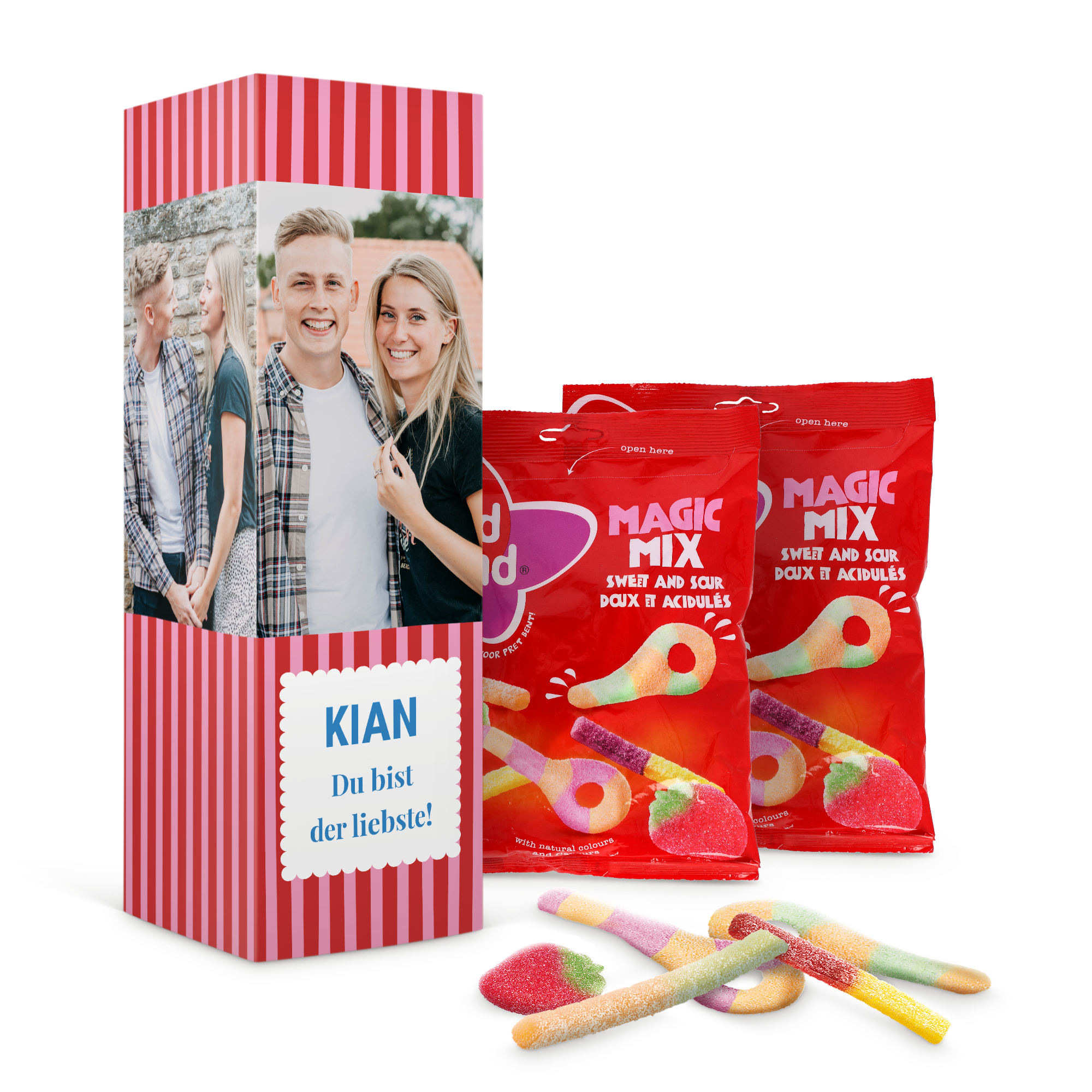Personalisierte Süßigkeiten-Geschenkbox mit KIAN Du bist der liebste Aufdruck, Foto und zwei Packungen Red Band Magic Mix