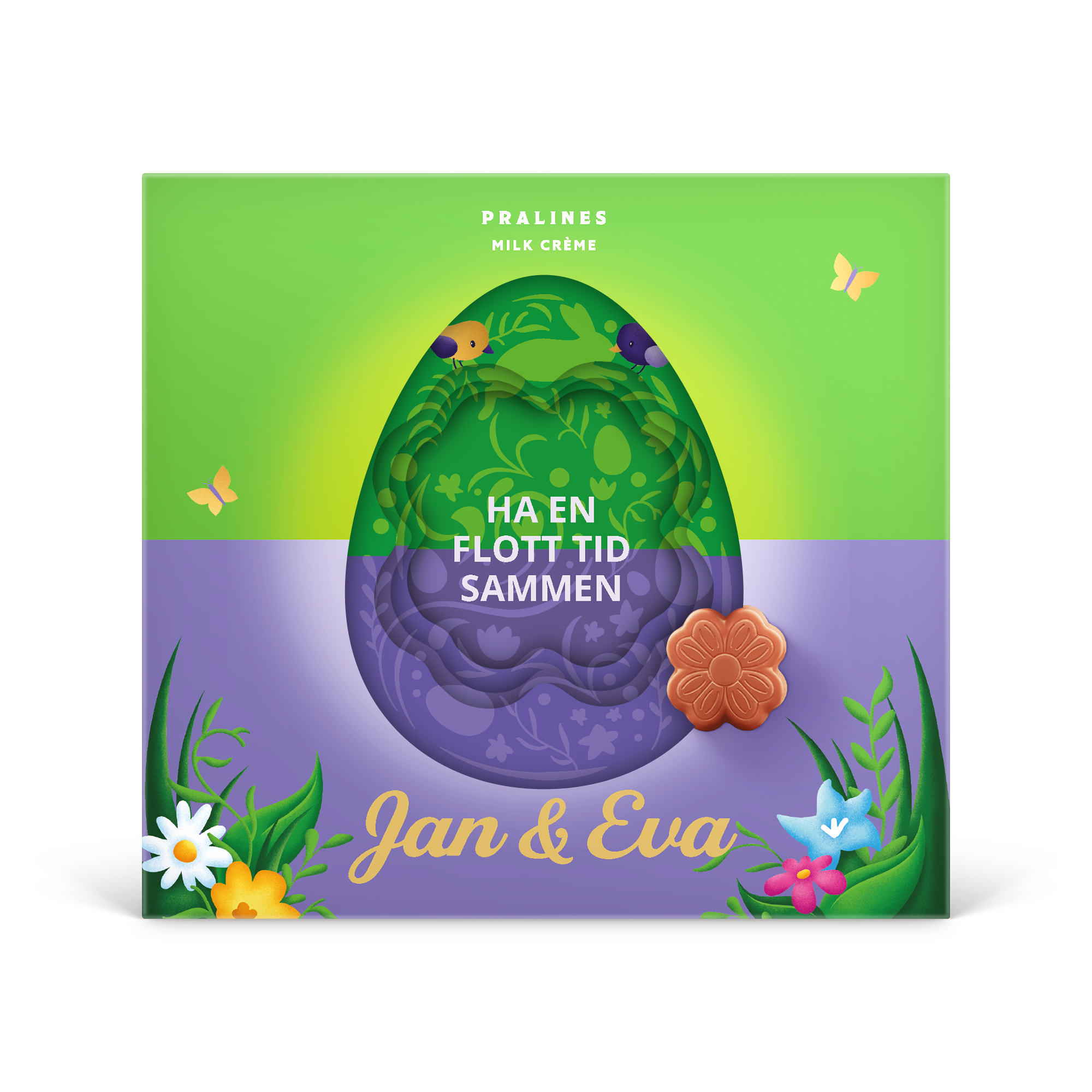 Personlig Milka 3D-gaveeske til påske med grønt og lilla design, trykt med 